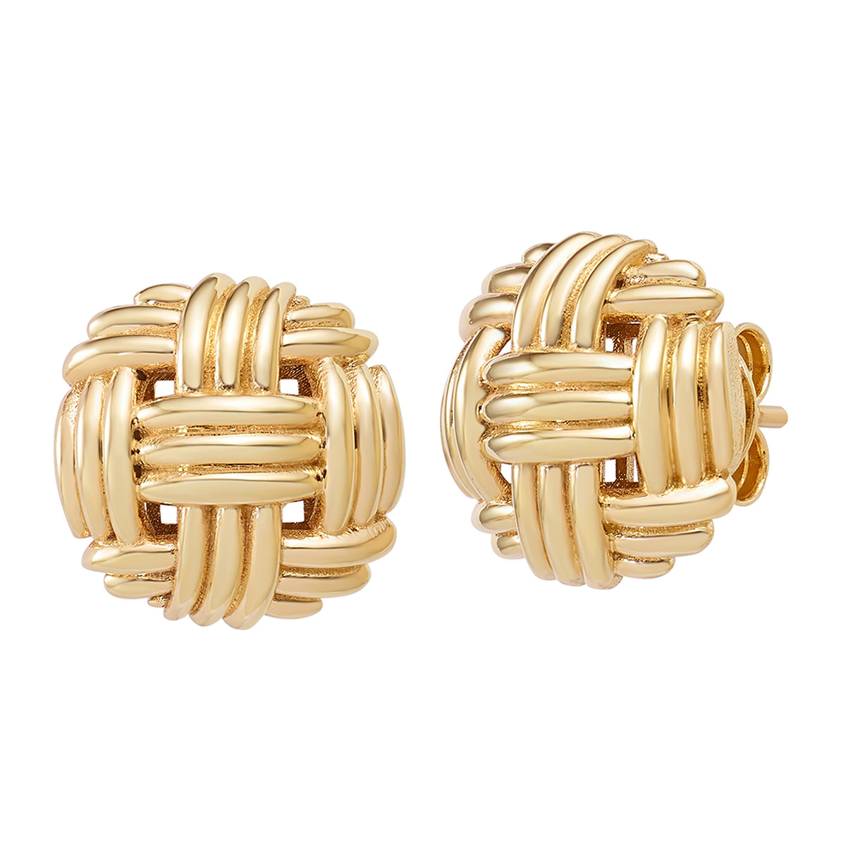 High Polish Woven Round Post Earrings in Yellow Gold