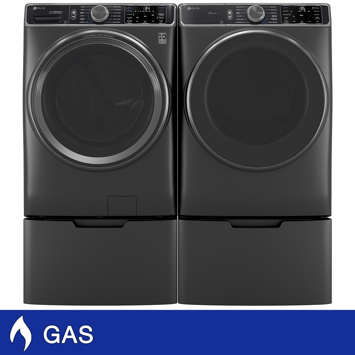 GE Profile 5.5 cu. ft. Smart Front Load Washer with UltraFresh Vent System+ and 7.8 cu. ft. Smart GAS Front Load Dryer with Steam and Sanitize Cycle with Storage Pedestals