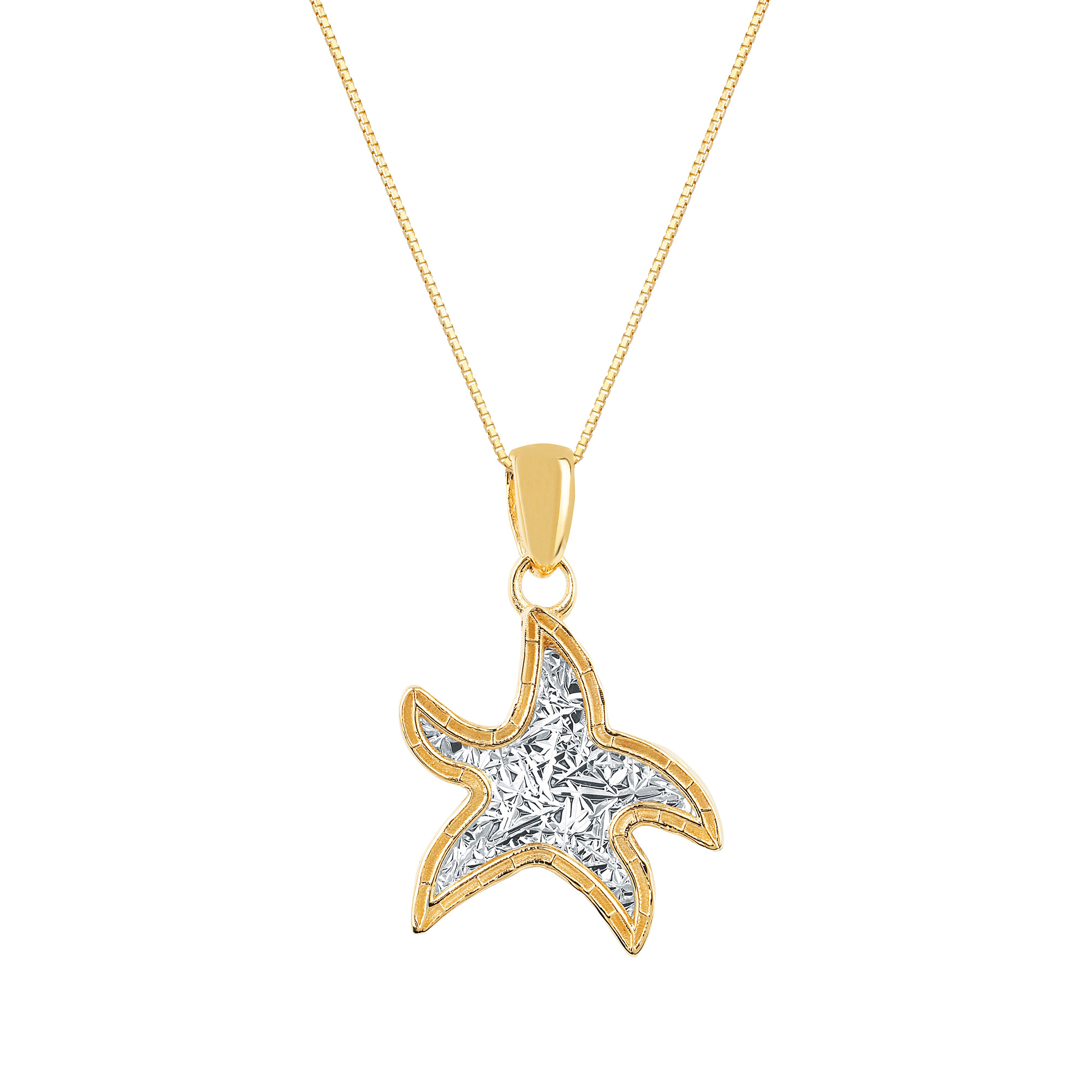 Diamond Cut Textured Starfish Pendant in Two-tone Gold