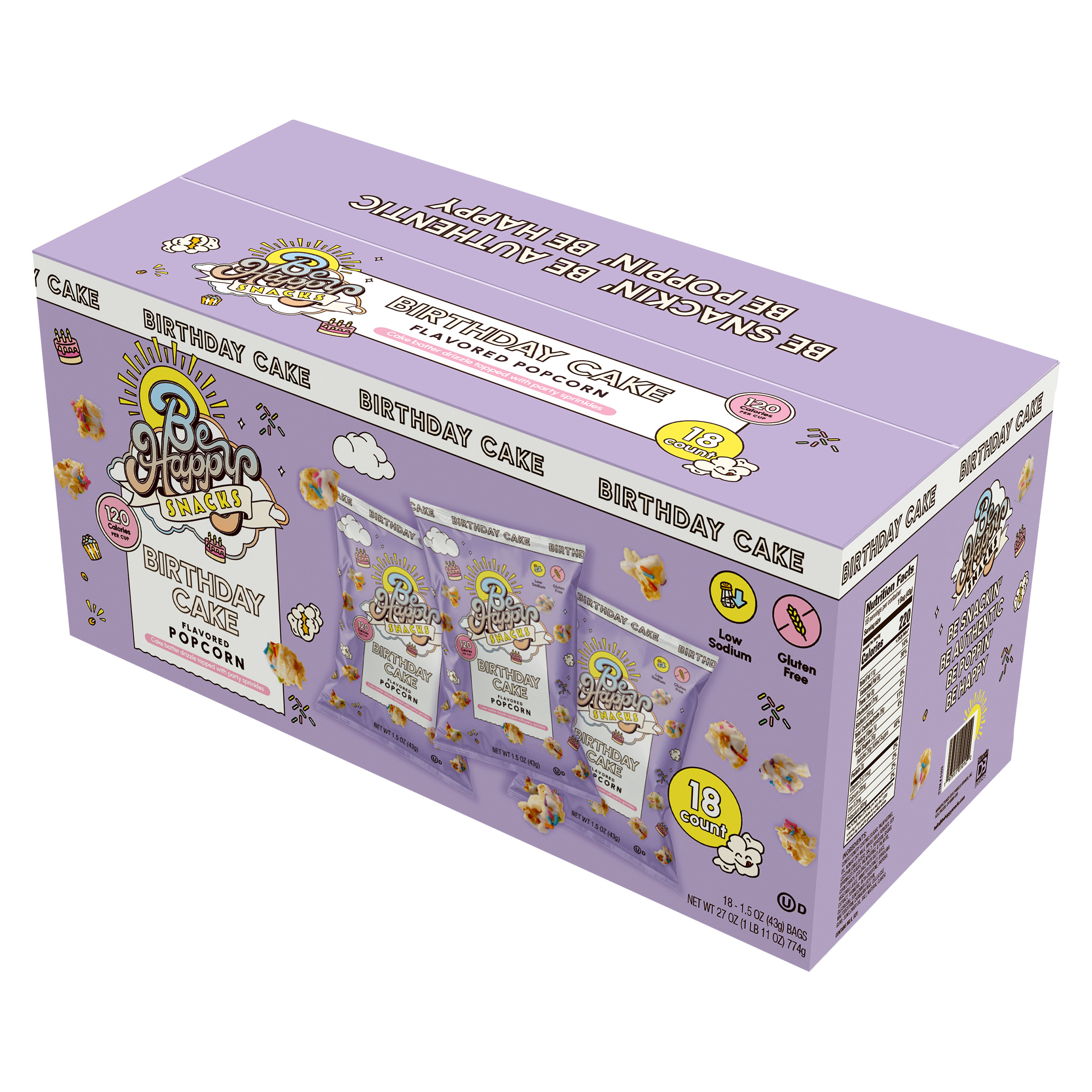 Be Happy Snacks, Birthday Cake Popcorn,1.5 oz 18-count