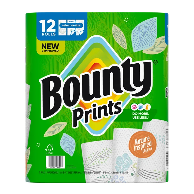 BOUNTY PRINTS PAPER TOWELS 669 SQFT 12 ROLLS / 124 SHEETS