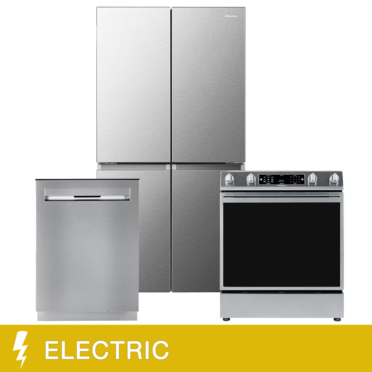 Hisense 3-piece Stainless Steel Kitchen Suite with 36 in 22 cu. ft. 4-door Refrigerator and 30 in. 5.8 cu. ft. Electric Slide-In Range and 24 in Dishwasher