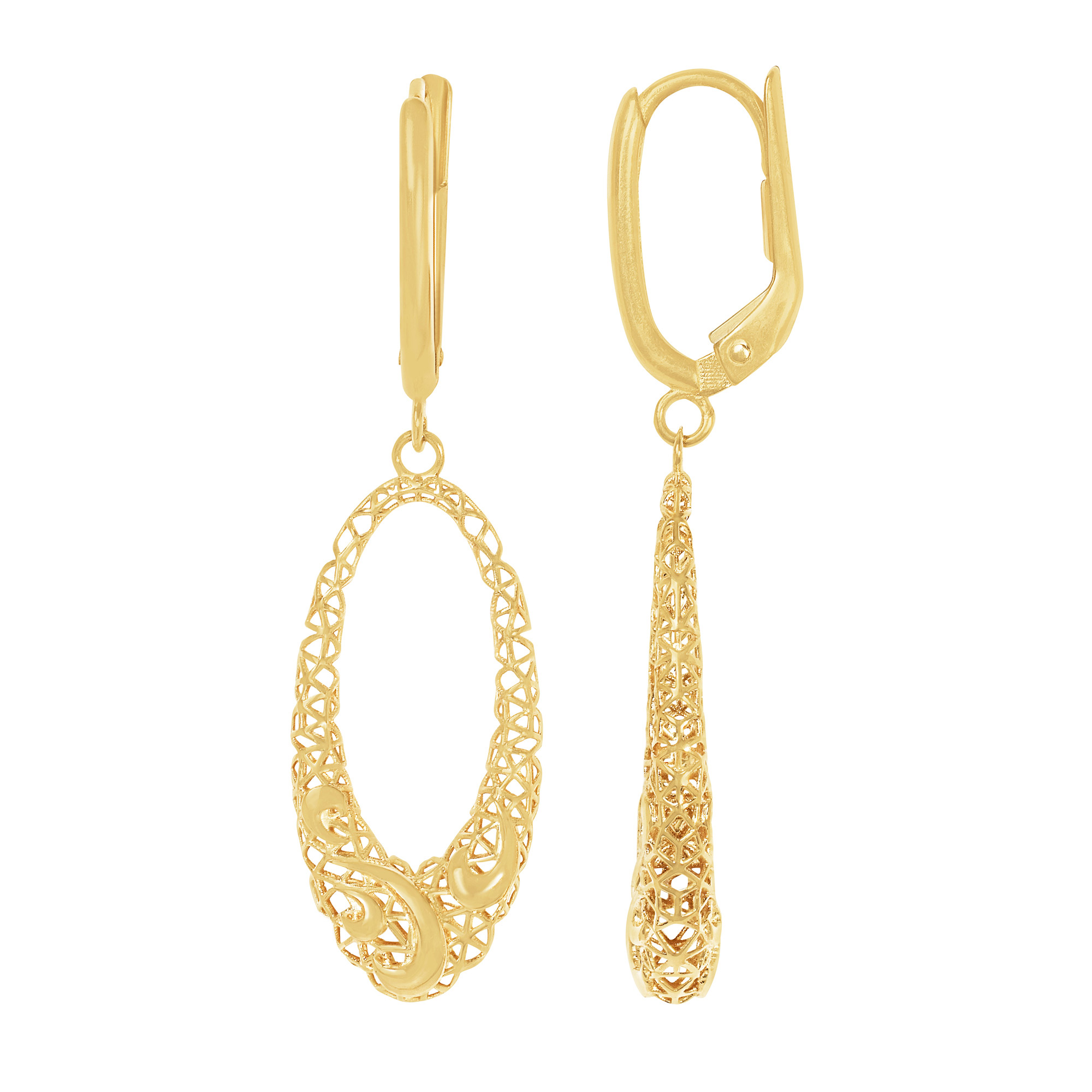 High Polish Filigree Oval Dangle Earrings in Yellow Gold
