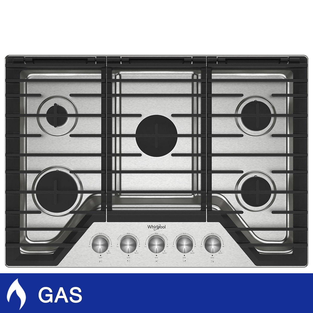 Whirlpool 30 in Stainless Steel Gas 5 Burner Cooktop with Cast-Iron Grates