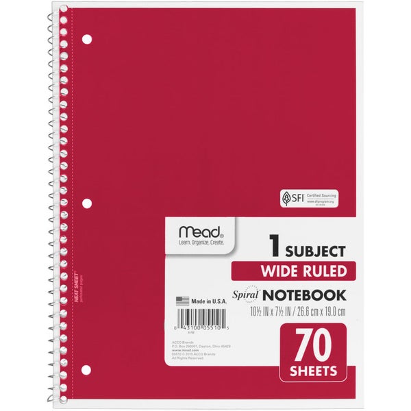 Mead 1-Subject Spiral Notebook, Wide Ruled, Assorted Colors Mead 1-Subject Spiral Notebook, Wide Ruled, Assorted Colors