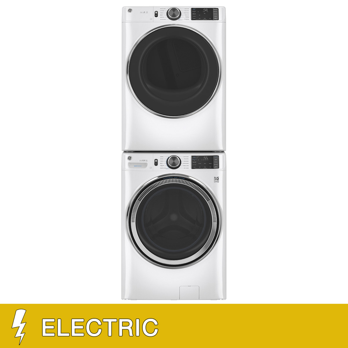 GE 5.0 cu. ft. Front Load Steam Washer with SmartDispense and 7.8 cu. ft. ELECTRIC Dryer with Steam and Sanitize Cycle Laundry Package with Stacking Kit