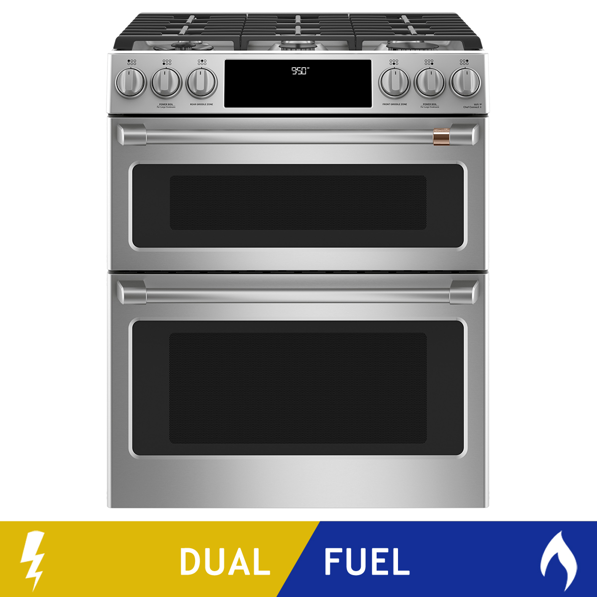Café 30 in. Stainless-steel Slide-in Front-control Dual-fuel Double Oven with Convection Range 