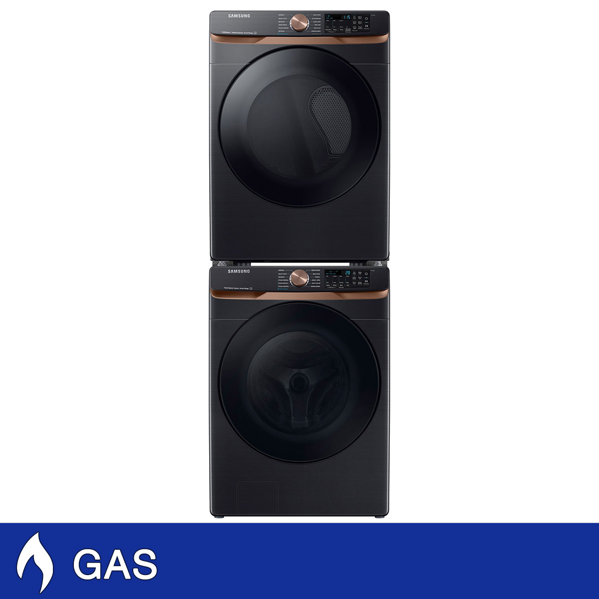 Samsung 5.0 cu. ft. Extra Large Capacity Smart Front Load Washer with Super Speed Wash and 7.5 cu. ft. Smart GAS Dryer with Stacking Kit