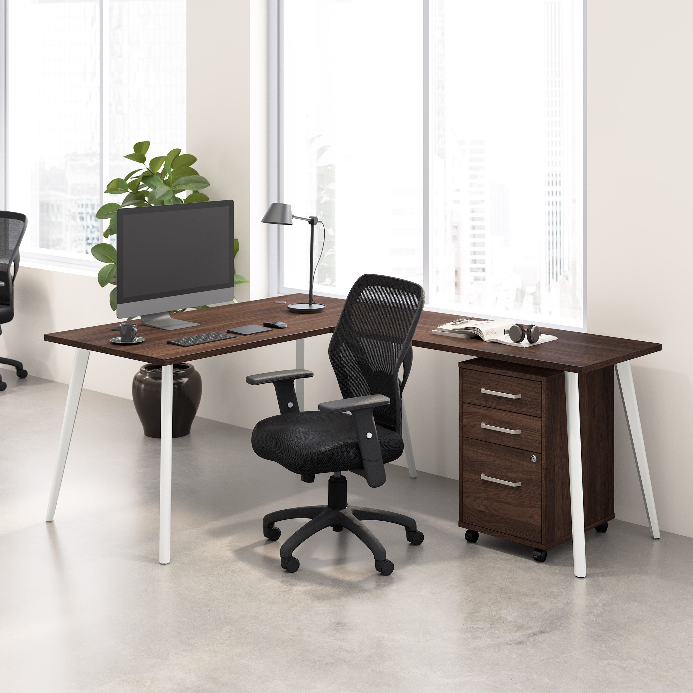 Office Pro Strive L-shaped Desk with Rolling File Cabinet