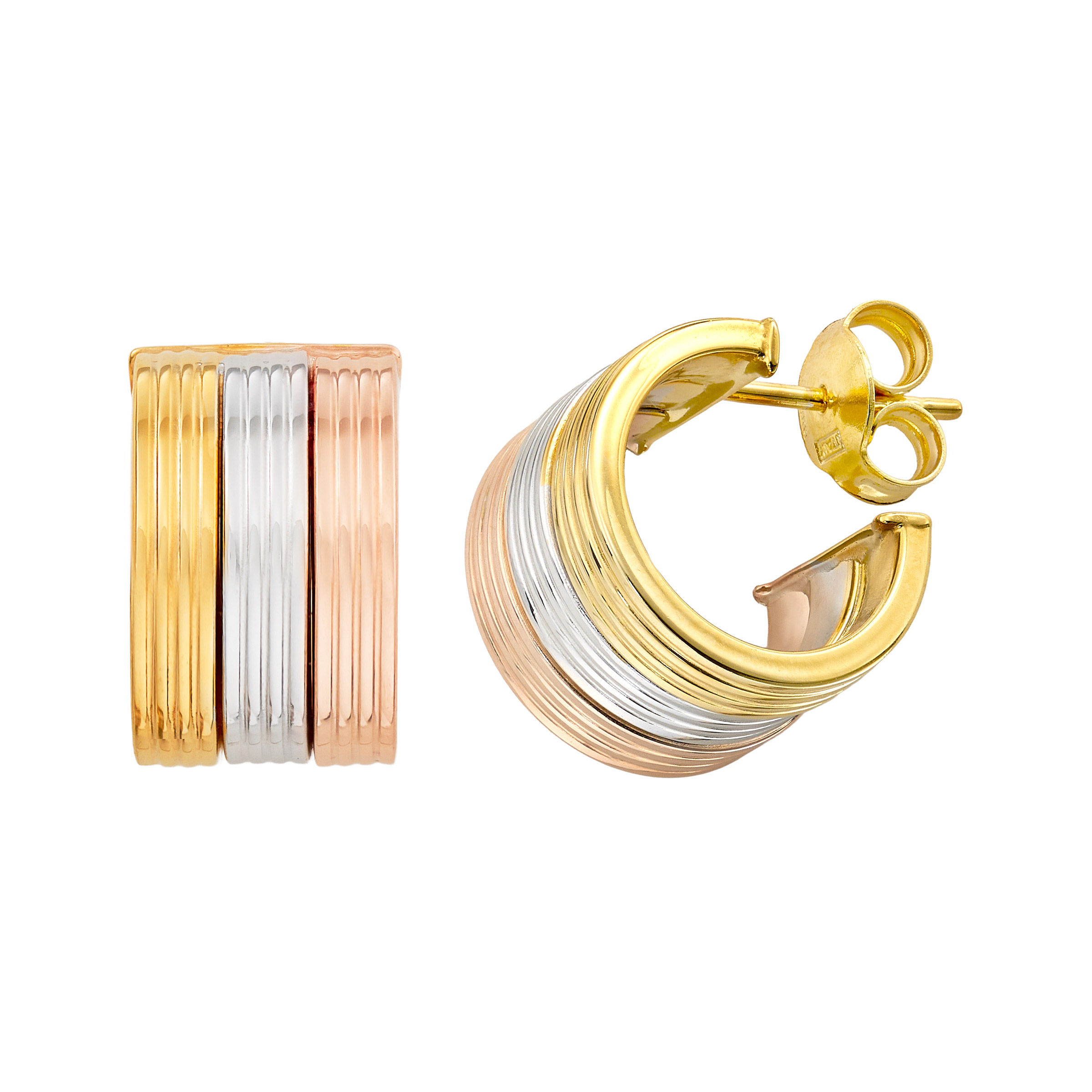 High Polish Triple Row Striped Design Earrings in Three-Tone Gold