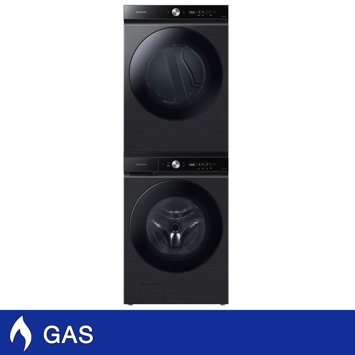 Samsung 5.3 cu. ft. Bespoke Ultra Capacity Front Load Washer with Super Speed Wash and 7.6 cu. ft. Ultra Capacity GAS Dryer with Stacking Kit