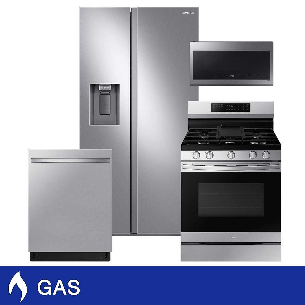 Samsung 4-Piece GAS Kitchen Package with Counter Depth Side by Side Refrigerator