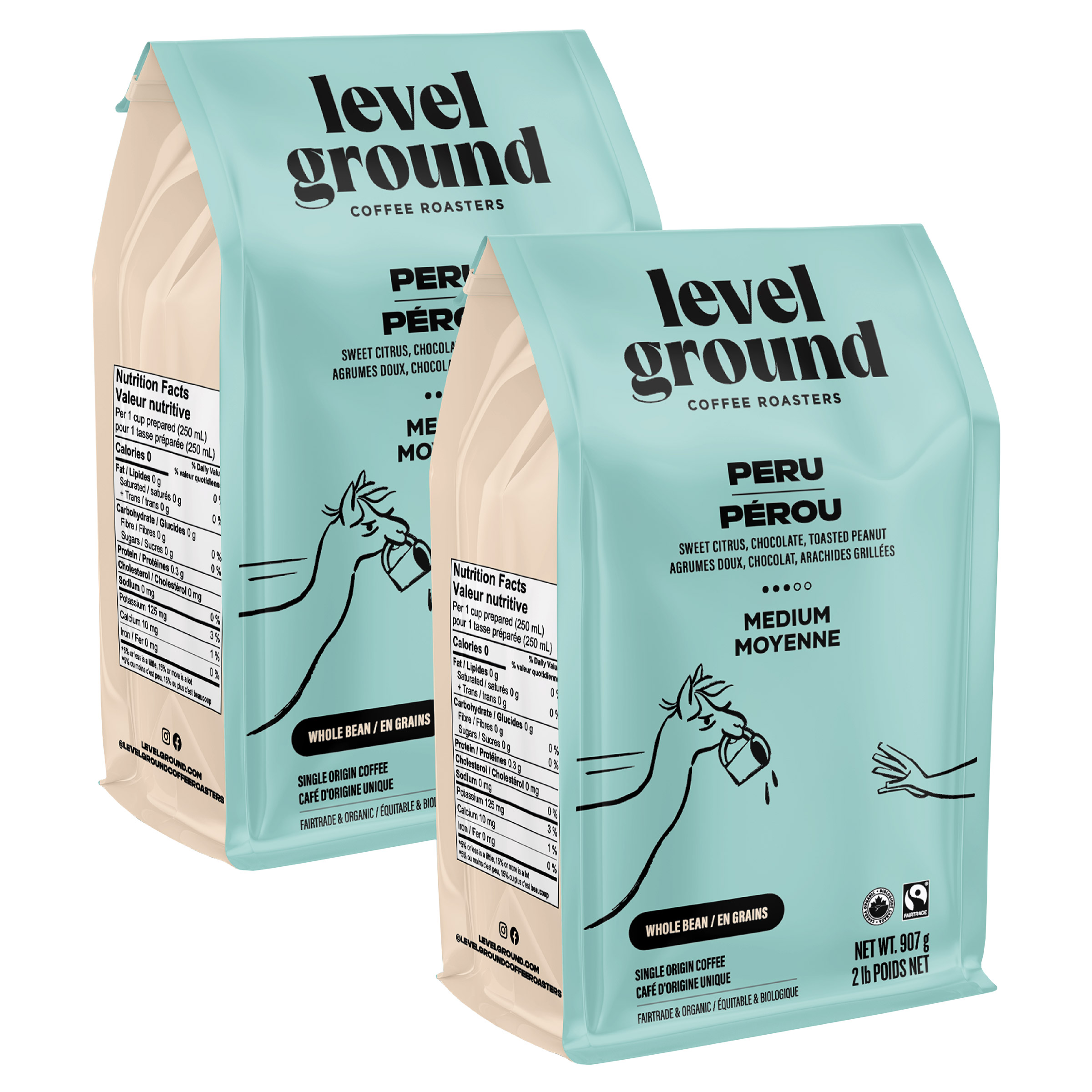 Level Ground Peru Medium Roast Organic Whole Bean Coffee, 2 × 907 g