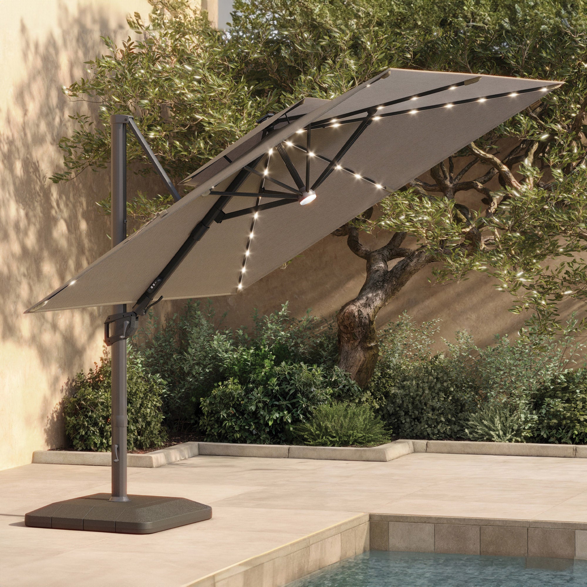 Seasons Sentry 10' Square 2-Tier Solar LED Aluminum Cantilever Umbrella With Base