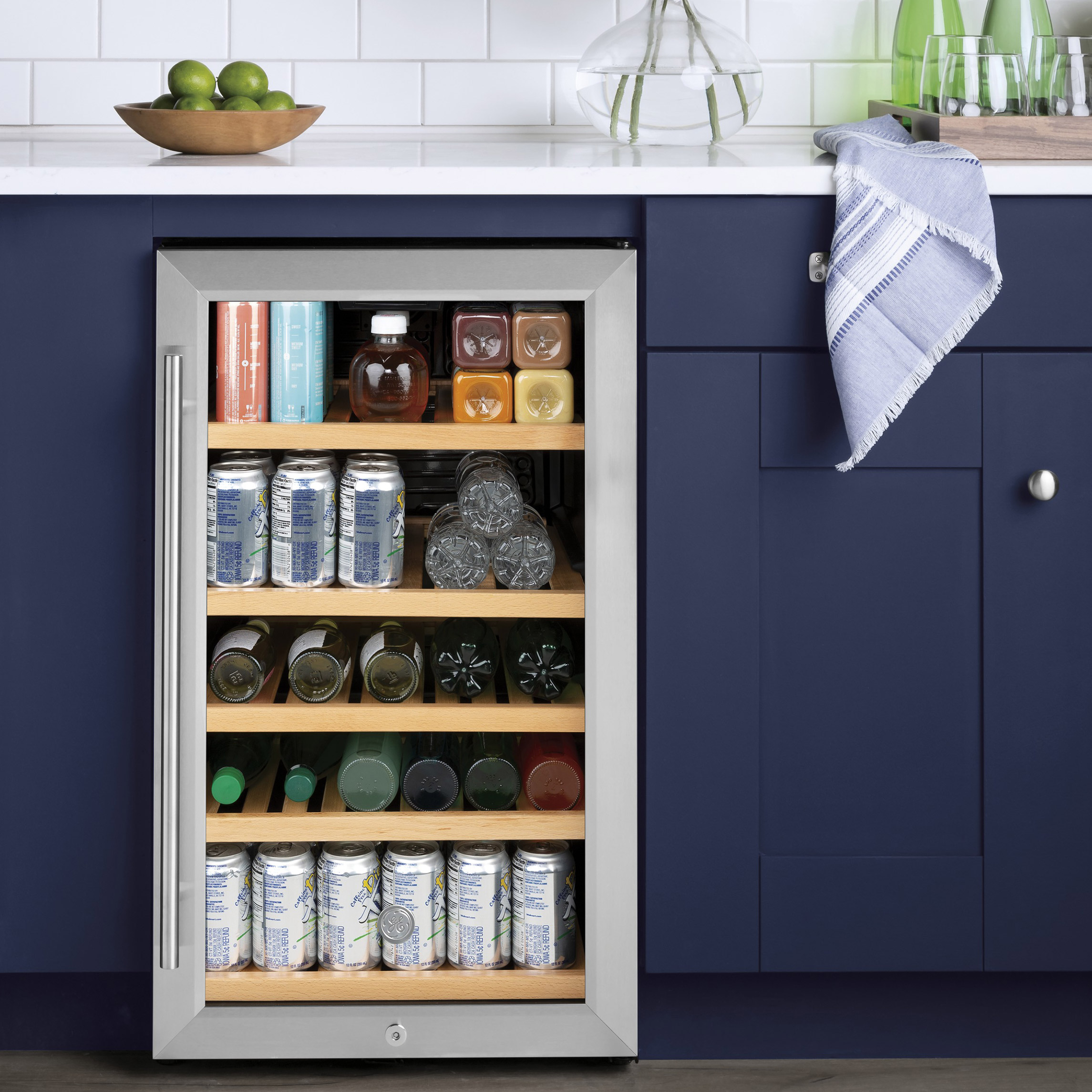 GE 4.1 cu. ft Built-In or Free-Standing Beverage Center  31 Bottles or 109 Cans  with Oak Shelves