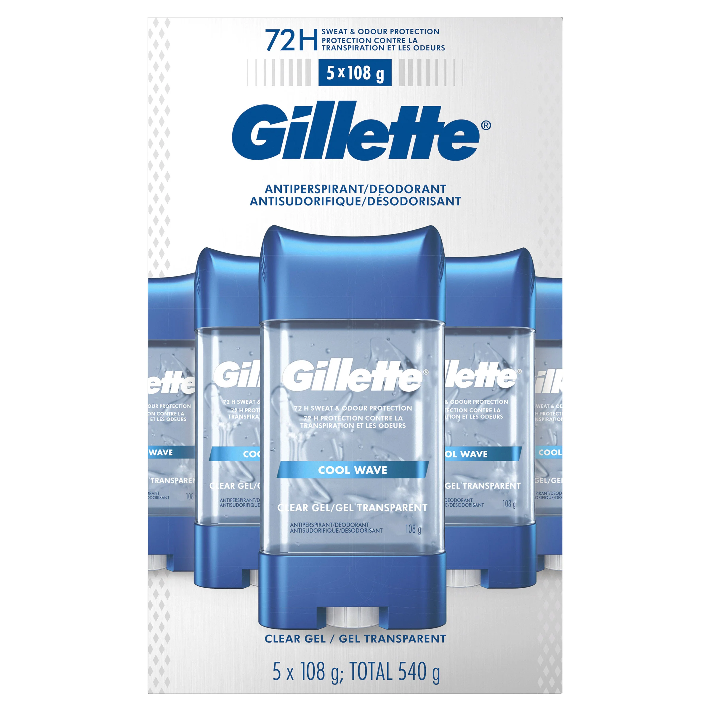 Gillette Antiperspirant Deodorant, Clear Gel, Cool Wave, 5 X 108 g