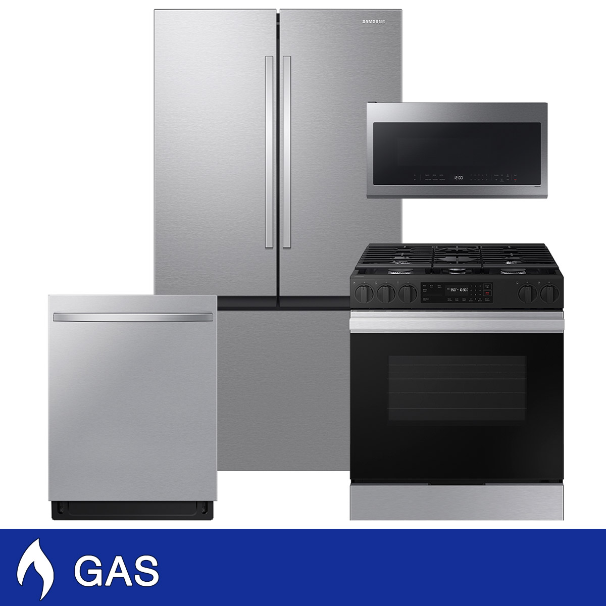 Samsung 4-Piece GAS Kitchen Package with Full Depth Mega Capacity French Door Refrigerator