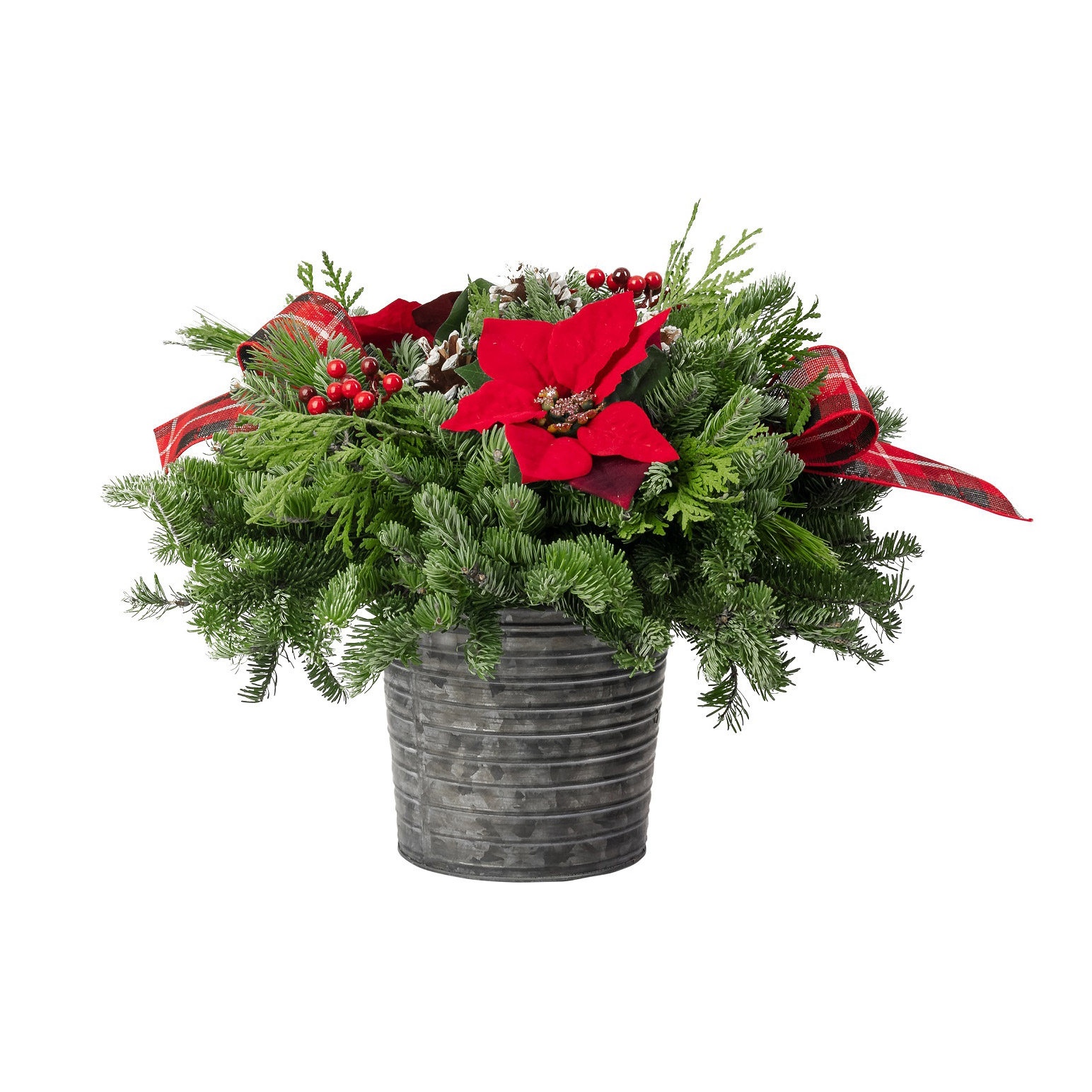 Faux-Poinsettia Indoor Centrepiece - Rustic Galvanized Pot - Traditional Theme