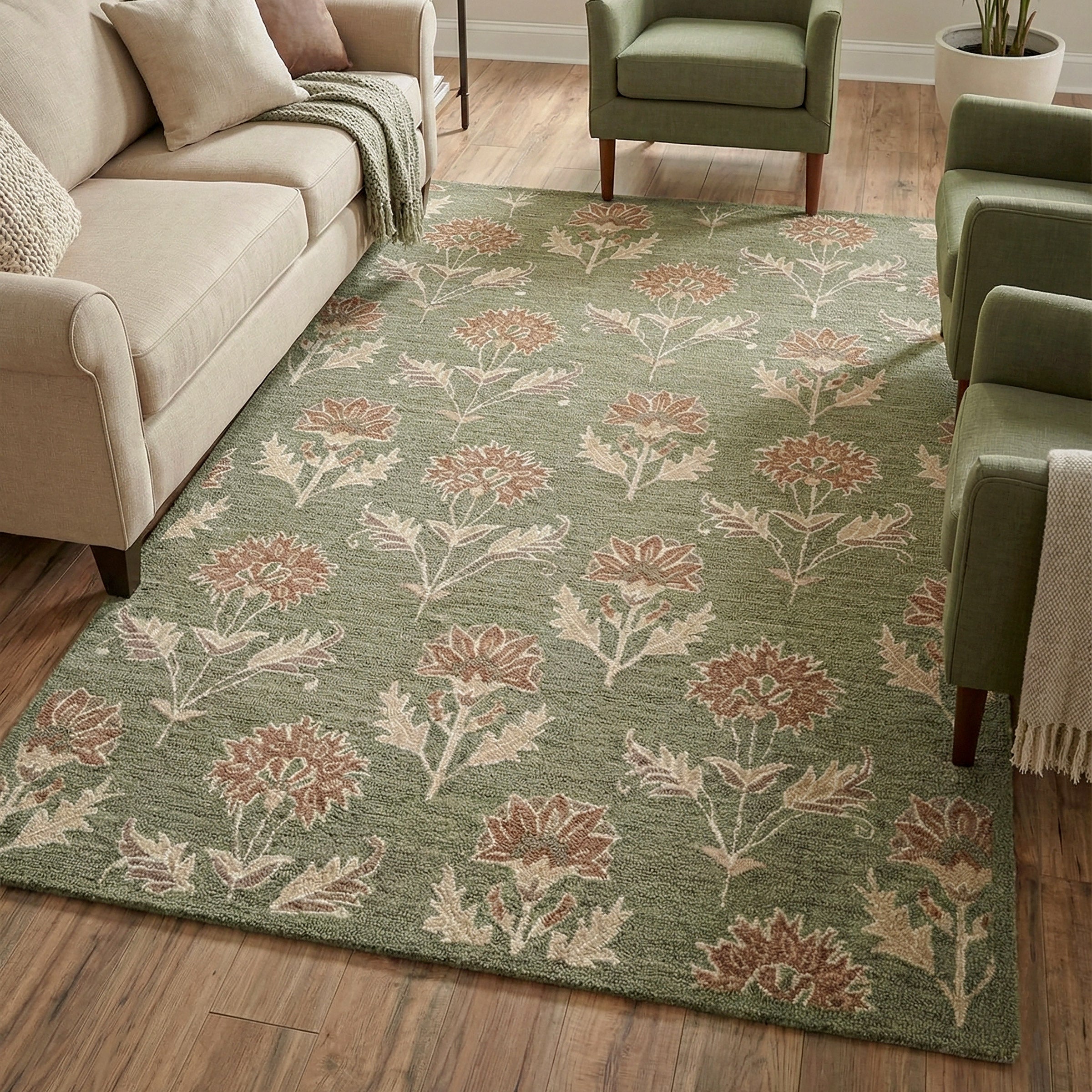 Obeetee Delilah Hand Tufted Wool Area Rug, Oris Green, 5' x 8