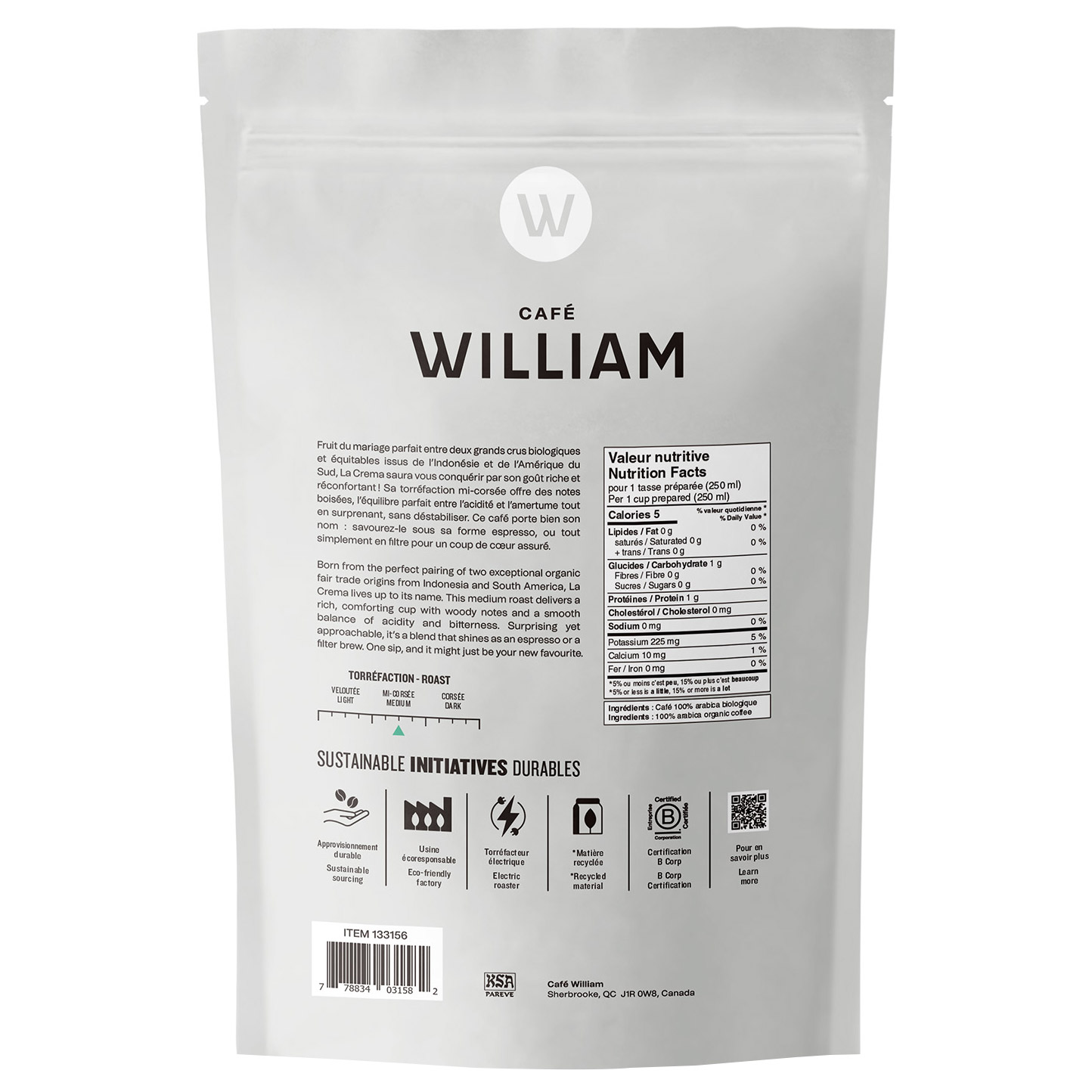 Café William La Crema Whole Bean Organic Fair Trade Coffee, 2 x