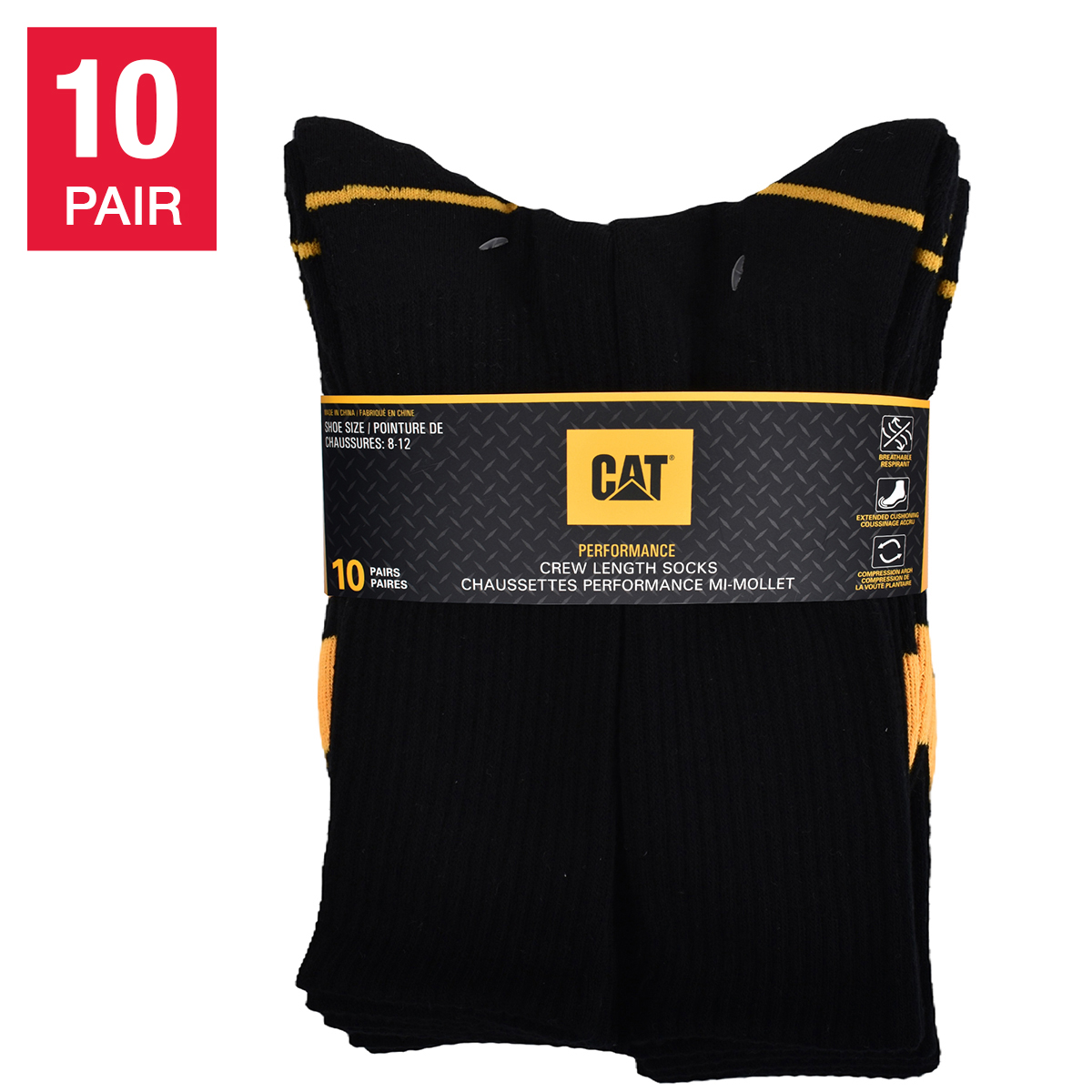 Caterpillar Men's Performance Crew Length Sock, 10-pair