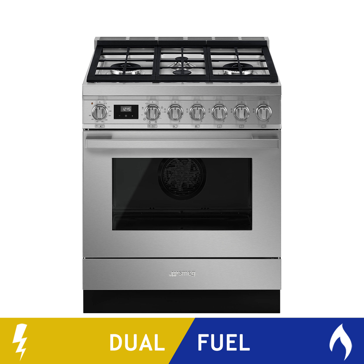 SMEG Portofino Series 30 in. 4.5 cu ft. Stainless Steel Dual Fuel 4 Burner Range with True European Convection