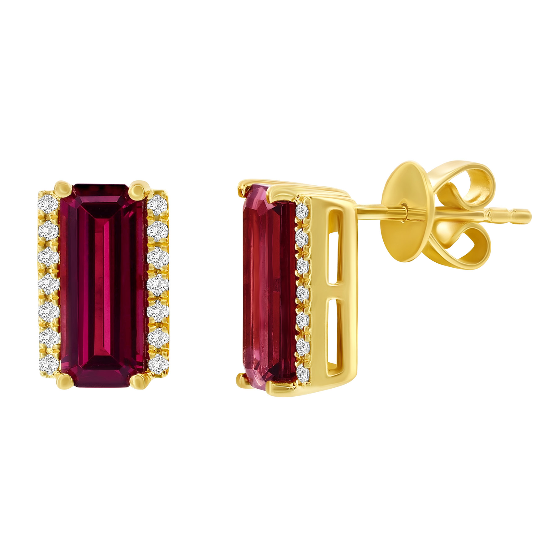 Emerald Shaped Rhodolite Garnet and Diamond Earrings (0.13 ctw)