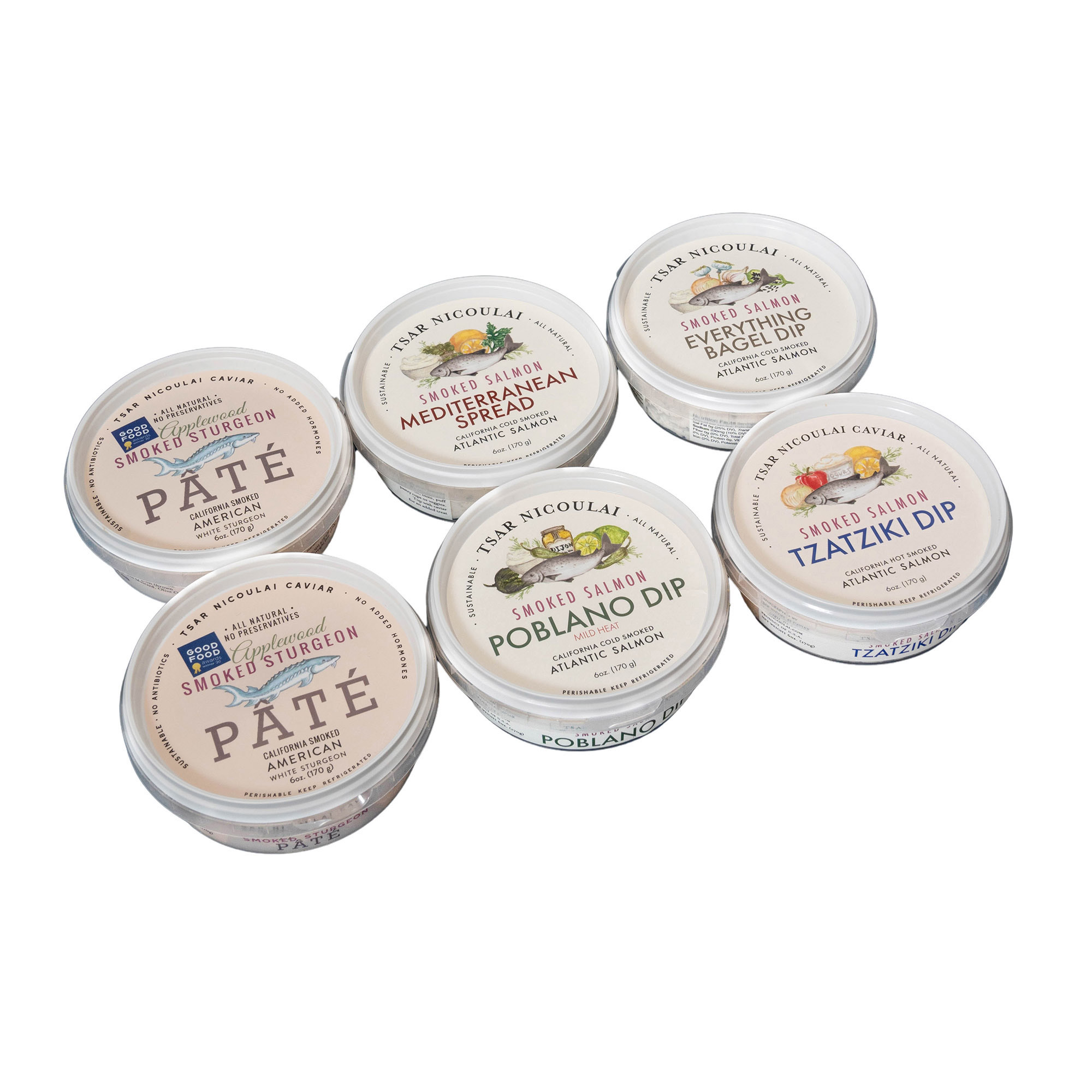 Tsar Nicoulai Smoked Sturgeon Pate & Salmon Dip Variety 6 Pack  6 oz each