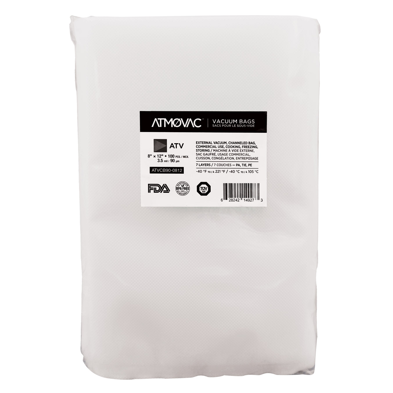 ATMOVAC ATV Series Channeled Bags for Vacuum Sealer 20.32 cm x 30.48 cm (8 in. x 12 in.), Pack of 100