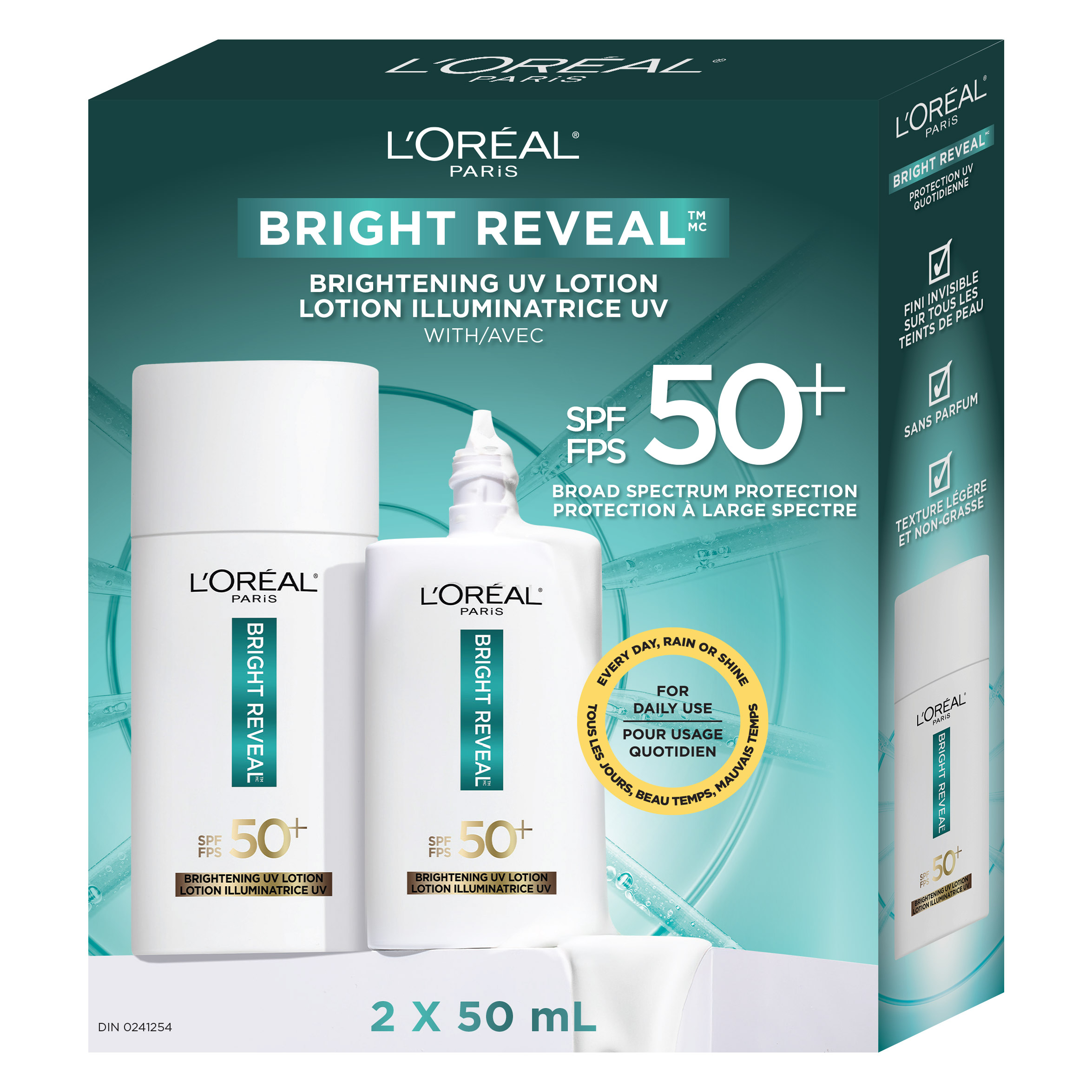 L'Oreal Paris Bright Reveal SPF 50 Daily Brightening Face Moisturizer and UV Lotion, 2 x 50 mL