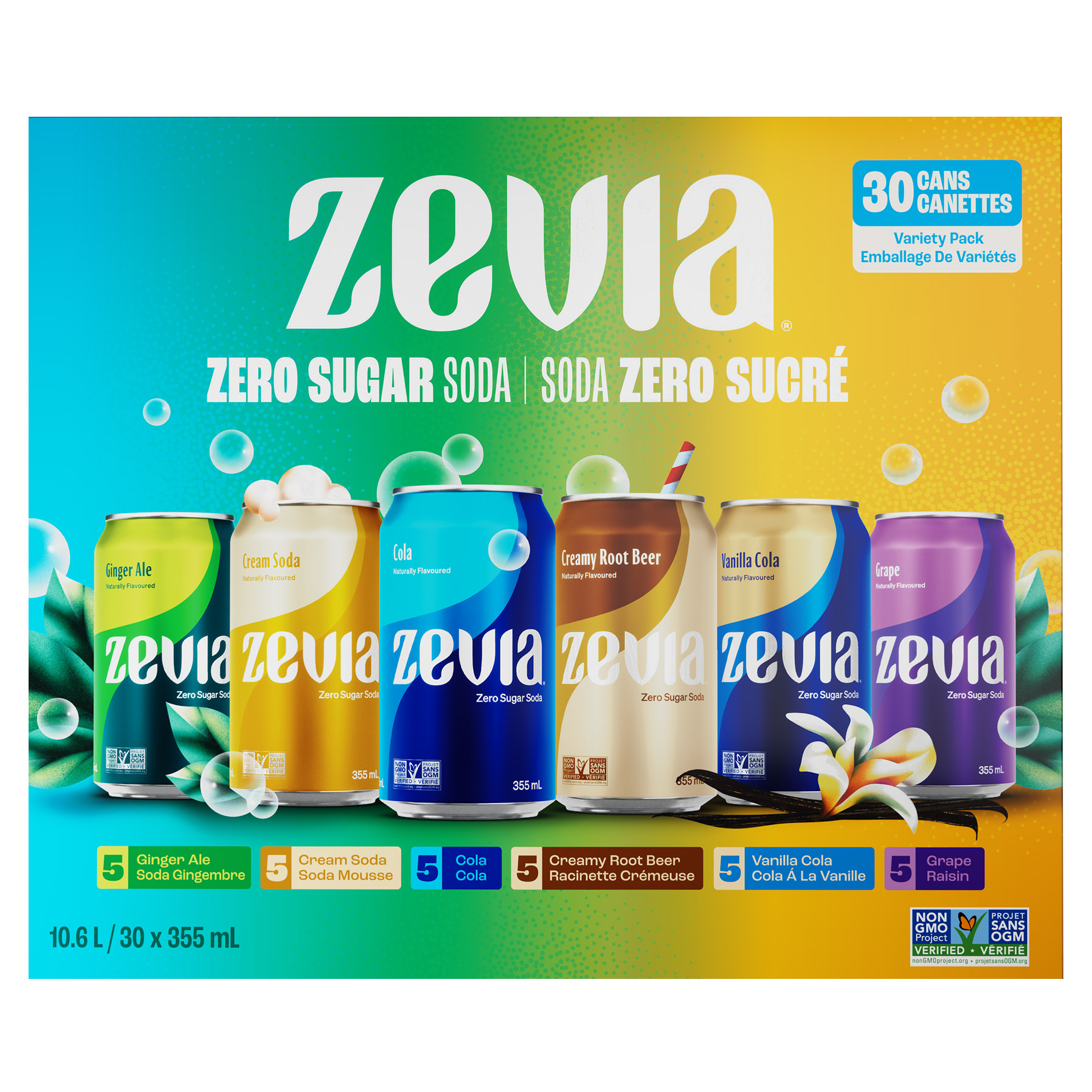 Zevia Zero Sugar Soda Variety Pack, 355 mL 30-pack