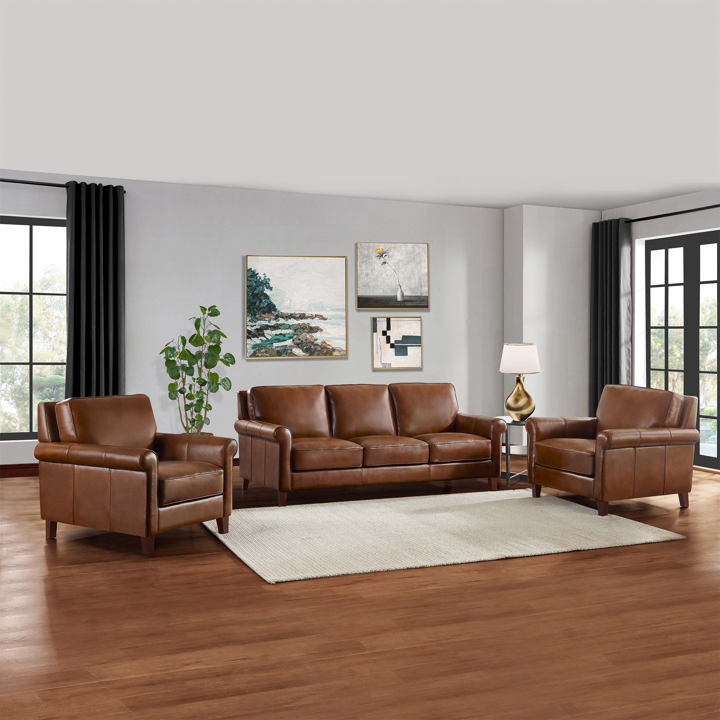Prospera Home Larsen Top-grain Leather Sofa and 2 Chairs