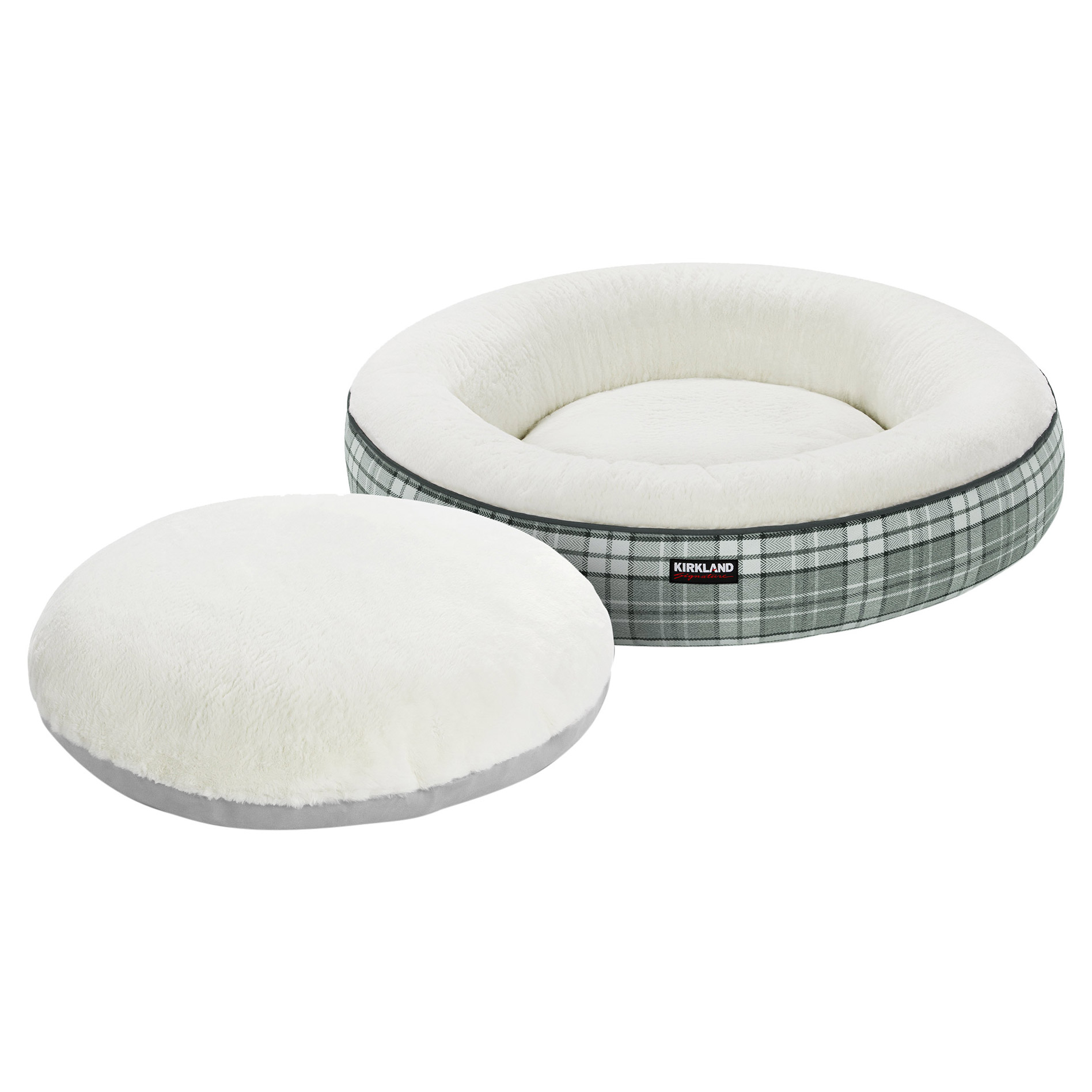 Kirkland Signature 40” Round Nest Pet Bed, Grey Plaid