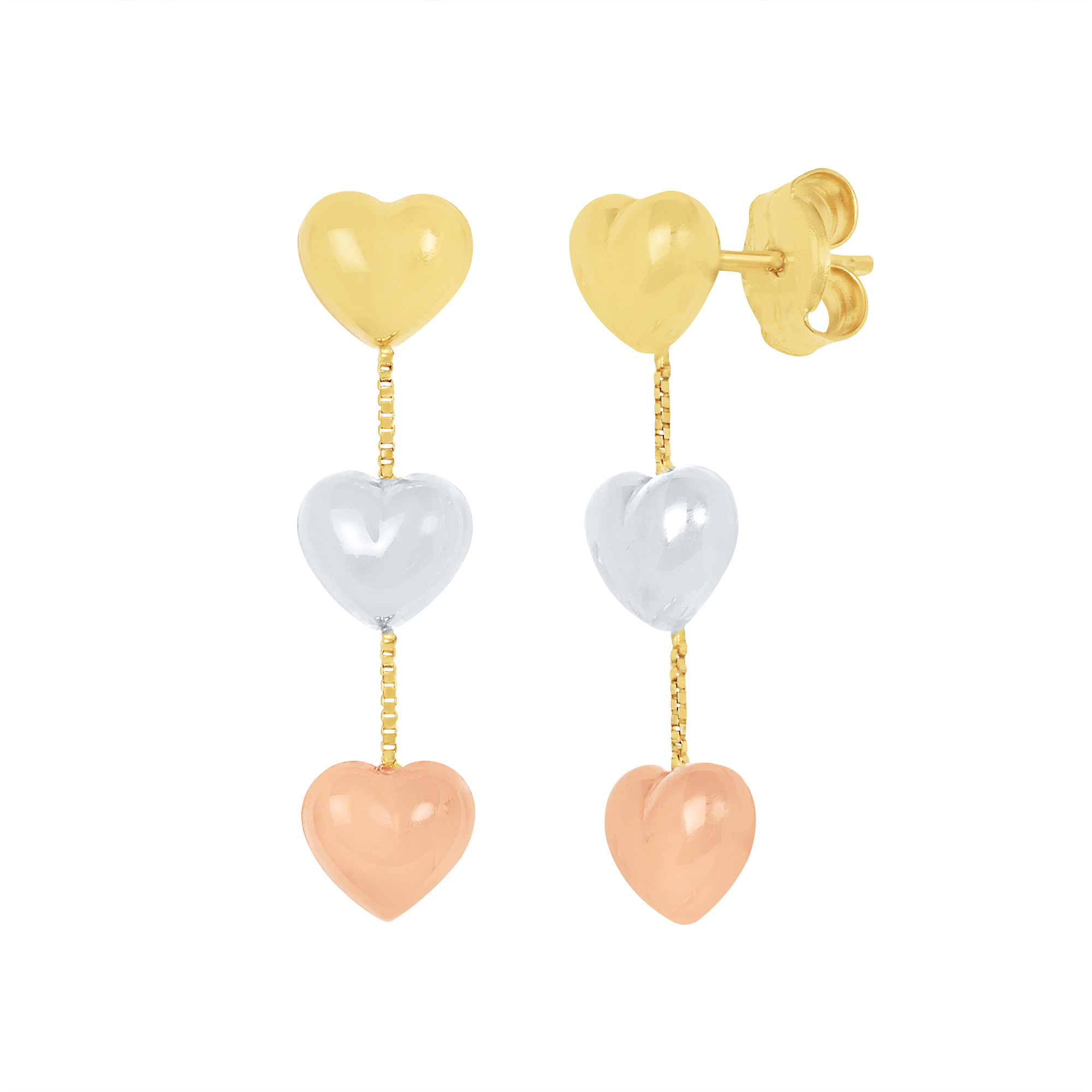 High Polish Puffed Heart Dangle Earrings in Three Tone Gold
