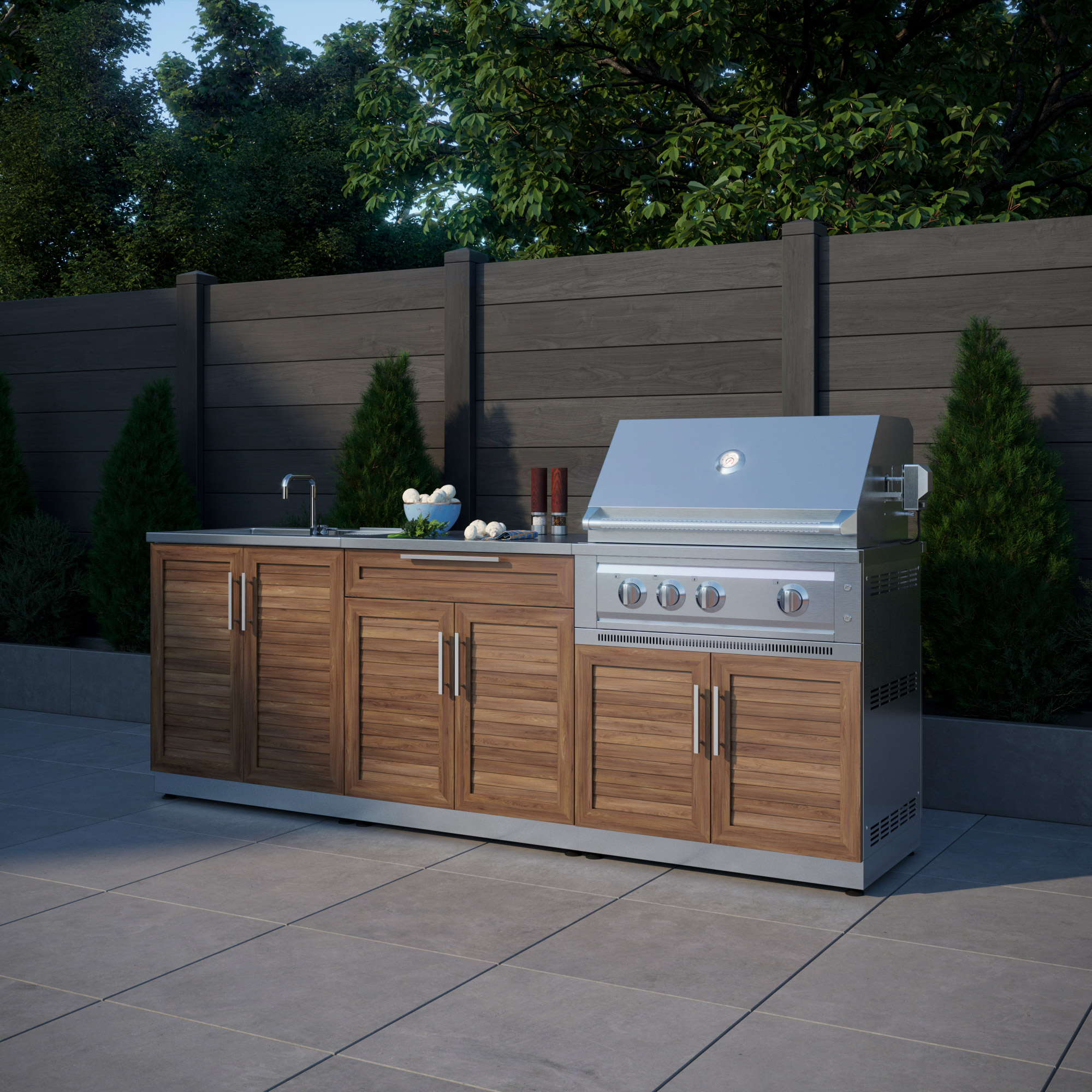 NewAge Products 5-piece Grove Stainless Steel Outdoor Kitchen with Drop-In Stainless Steel Platinum Grill