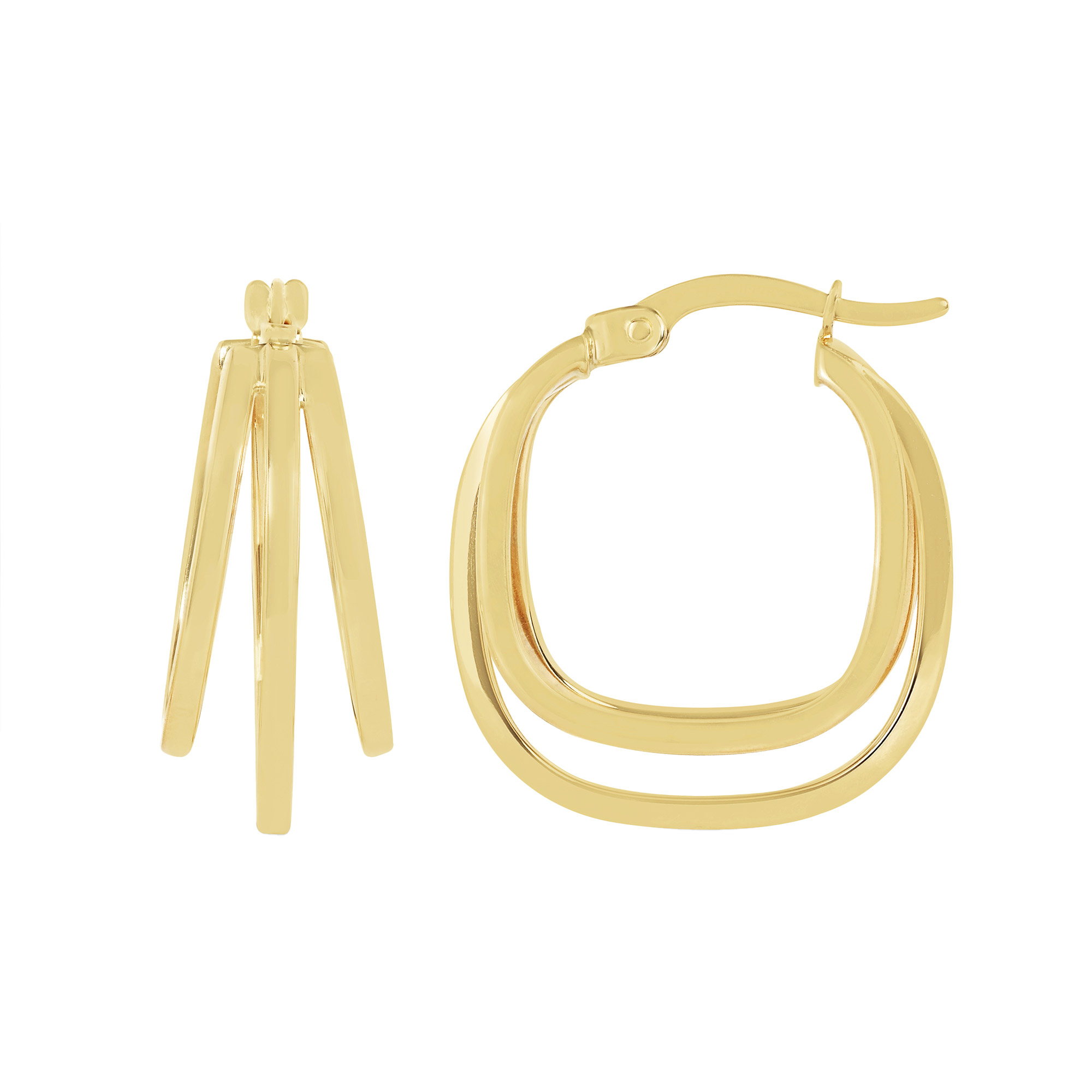 High Polish Triple Row Square Hoop Earrings in Yellow Gold
