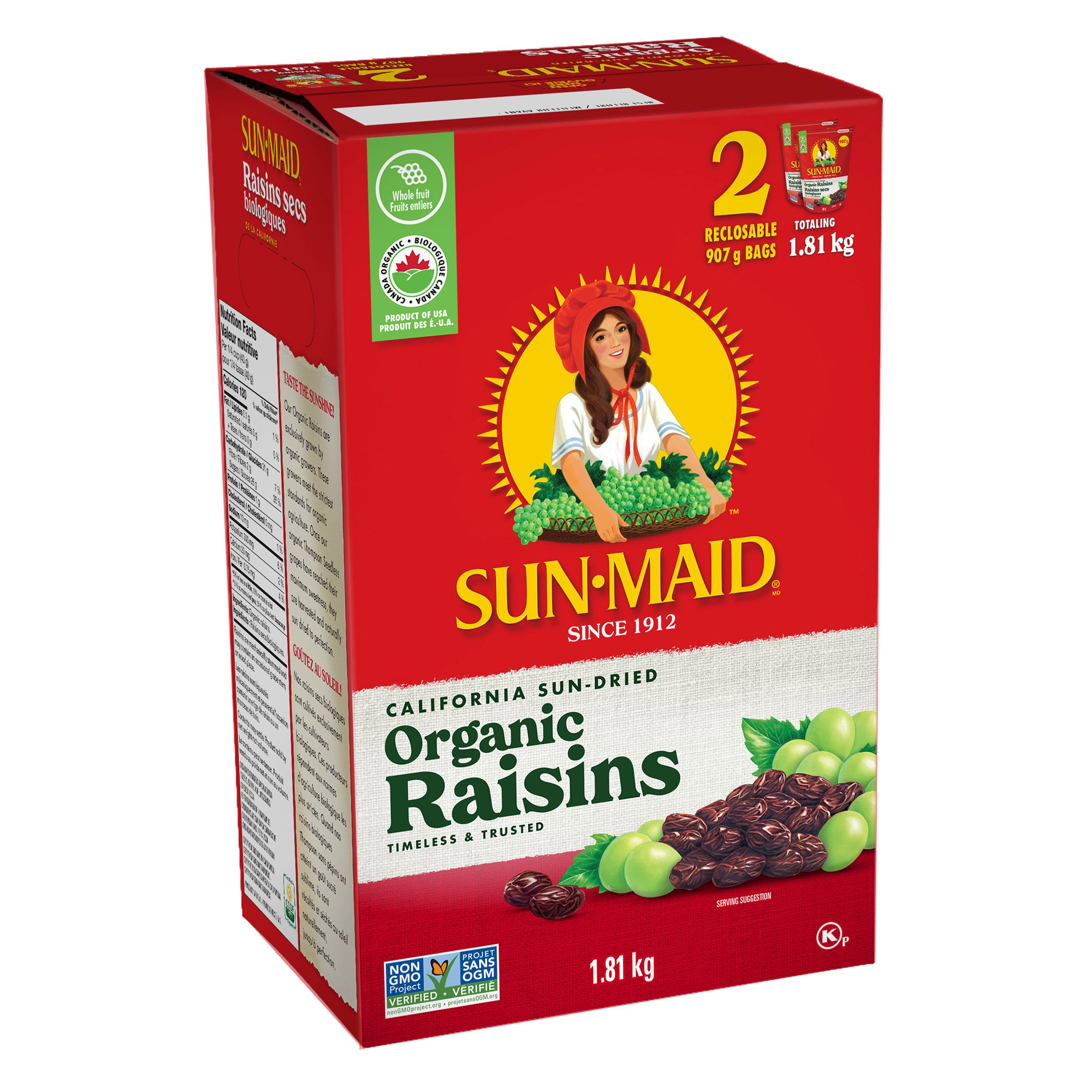 Sunmaid Organic California Sun Dried Raisins, 2 x 907 g   