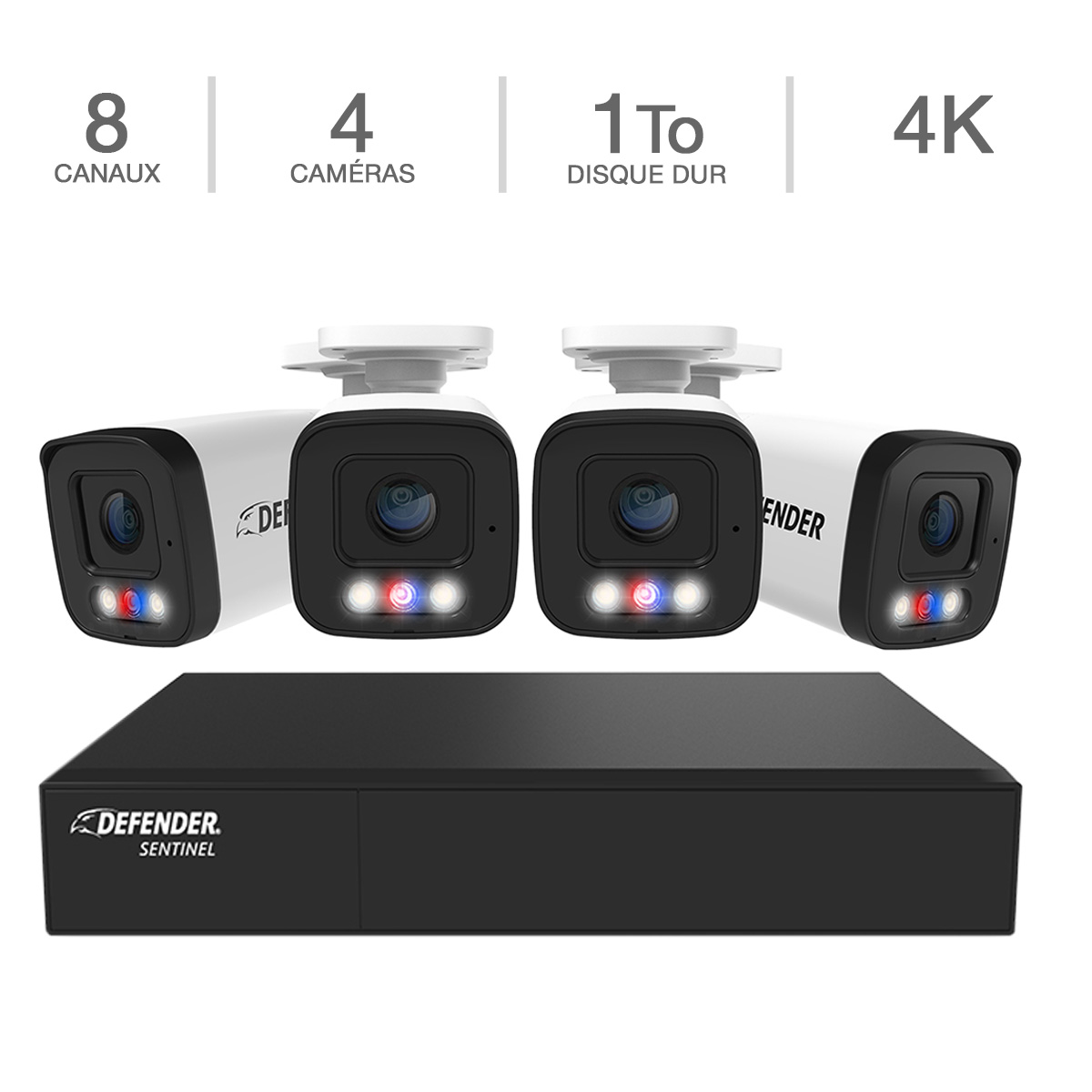 Defender - Système de sécurité ALIMENTÉ PAR L'IA Sentinel 4K Ultra HD 8 canaux filaire POE NVR avec 4 Caméras en métal et un disque dur de 1 To