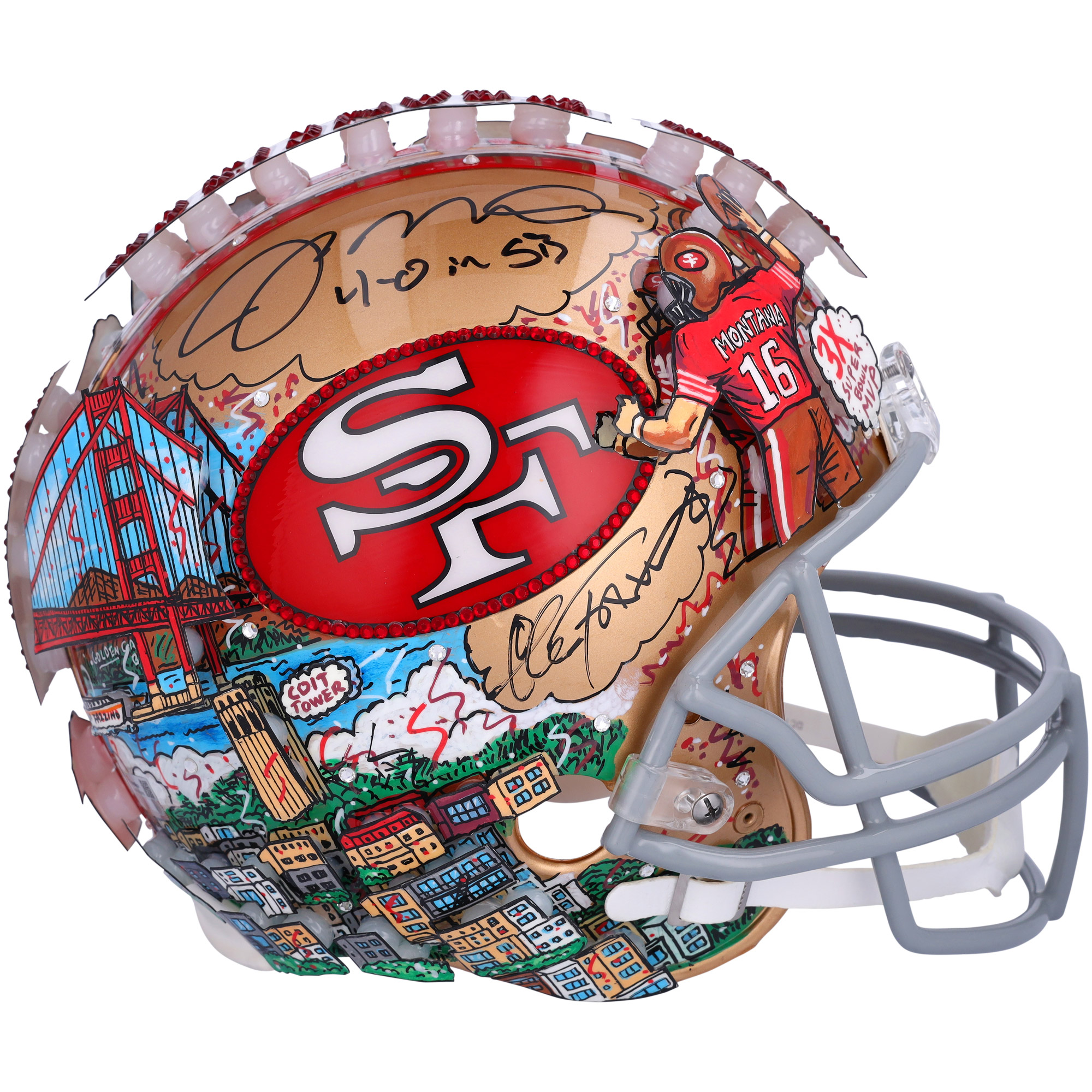 Joe Montana San Francisco 49ers Autographed Throwback Authentic Helmet with "4-0 in SB" Inscription - Art by Charles Faz