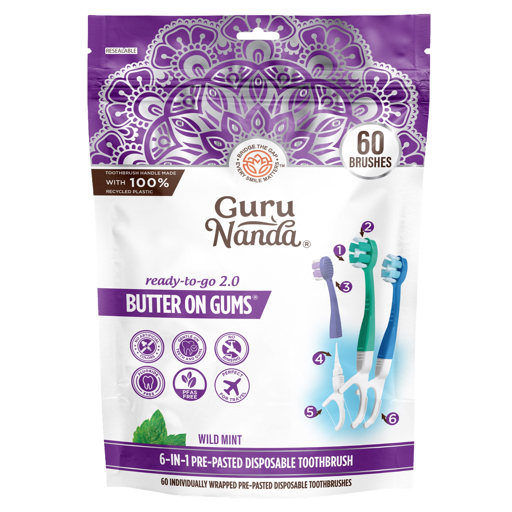 GuruNanda Butter on Gums 6-In-1 Pre-Pasted Disposable Toothbrush
