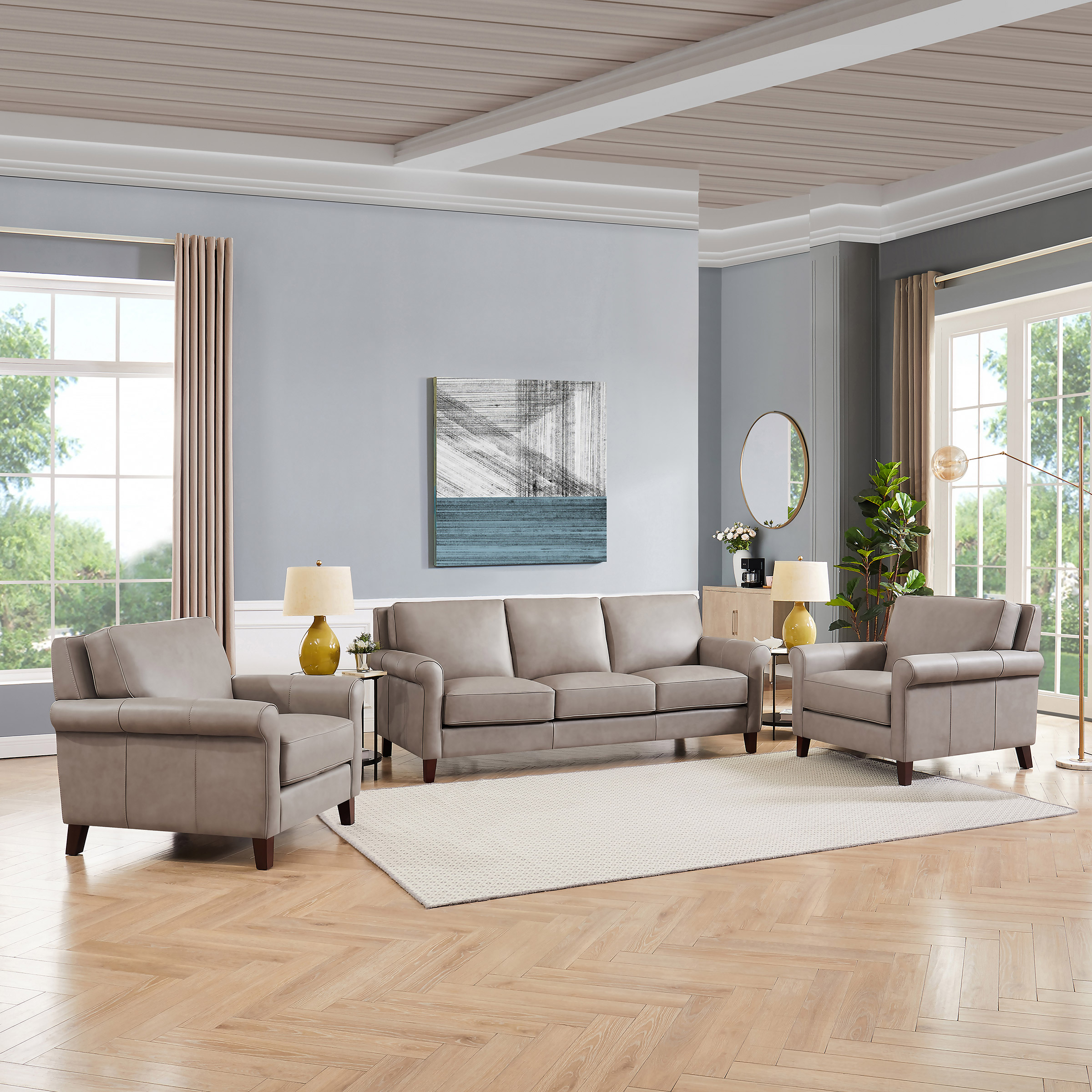 Prospera Home Larsen Top-grain Leather Sofa and 2 Chairs