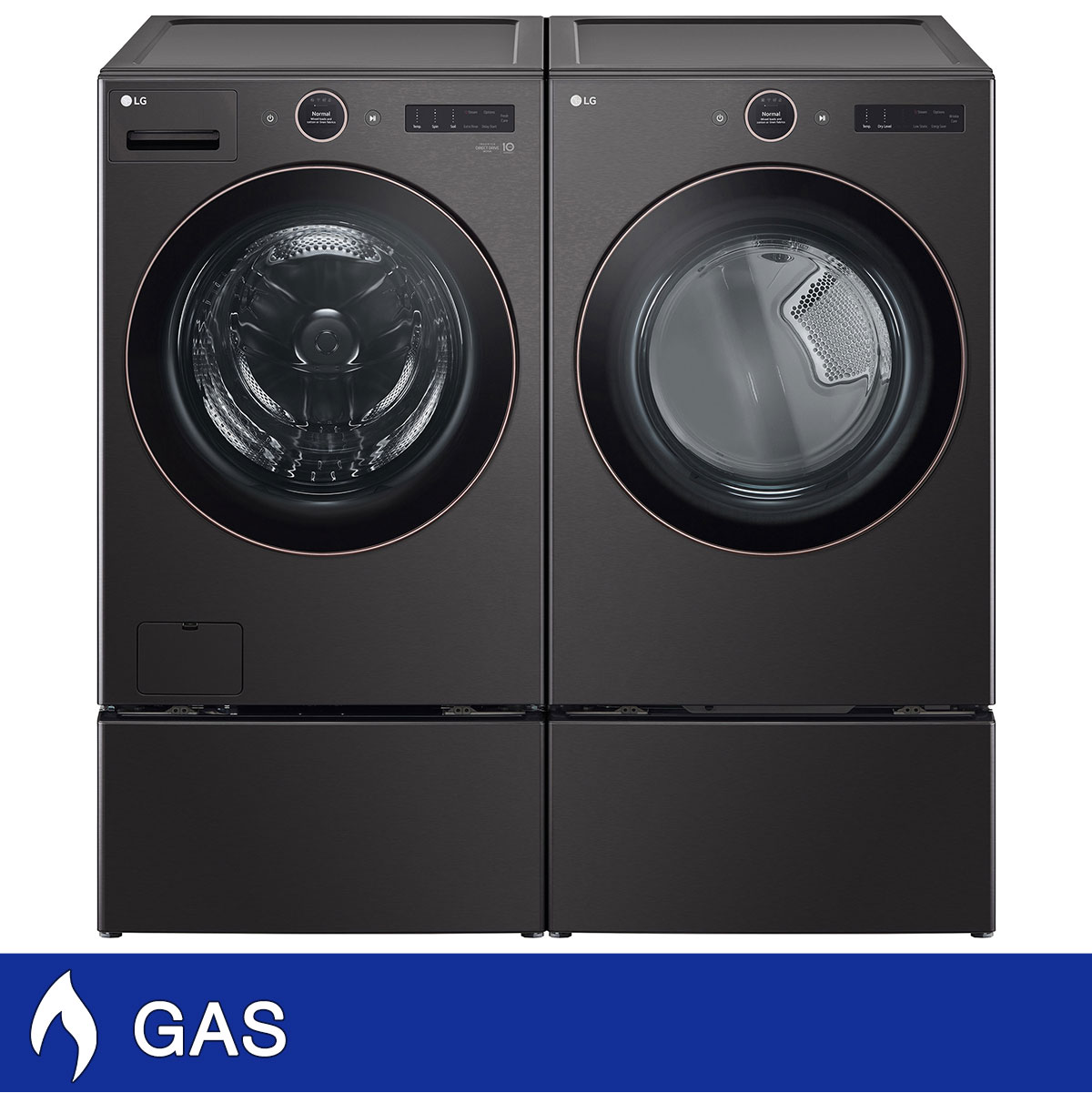 LG 5.0 cu. ft. Mega Capacity Smart Front Load Washer with TurboWash 360 and 7.4 cu. ft. GAS Dryer with AI Sensor Dry and TurboSteam with Washer and Storage Pedestal