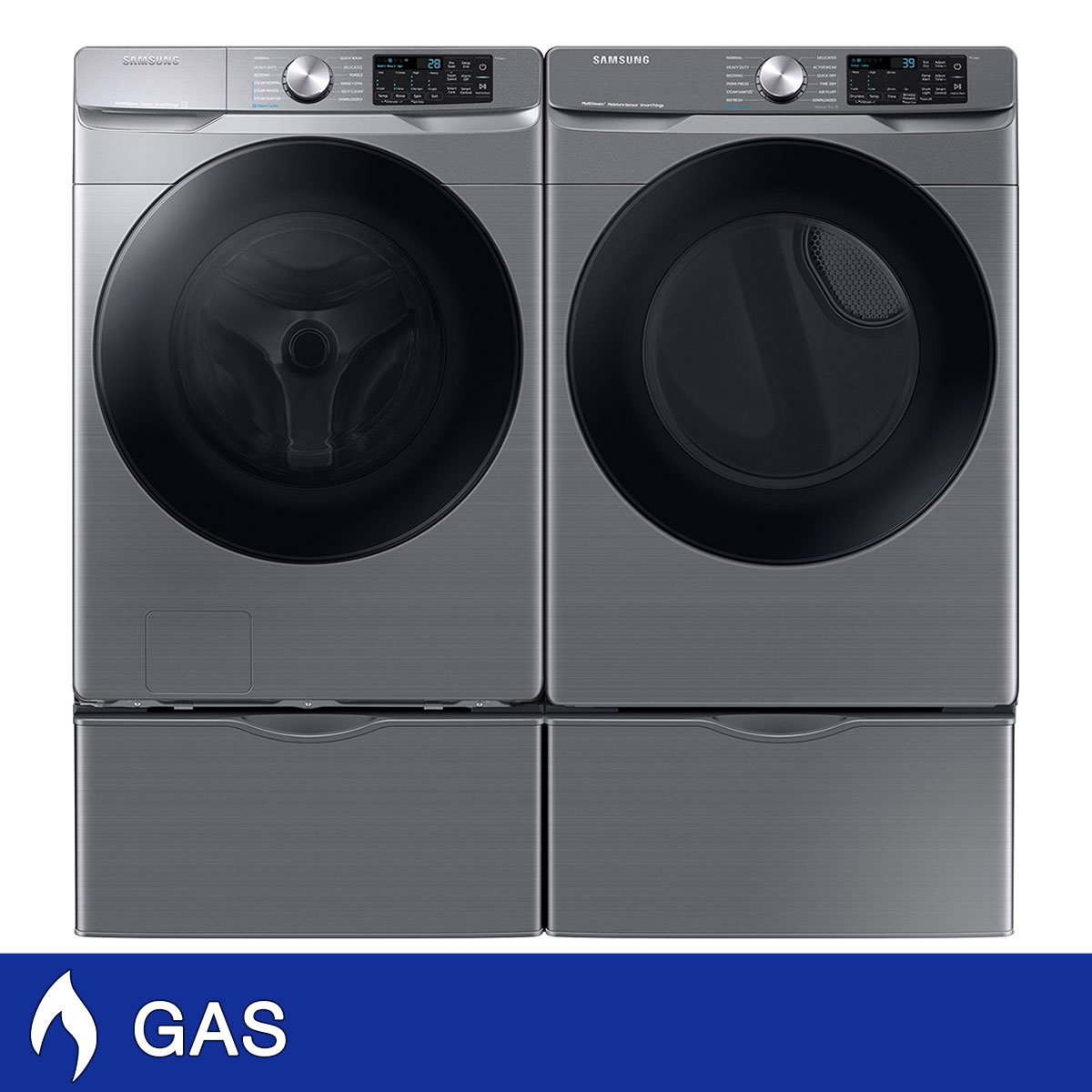 Samsung 4.5 cu. ft. Large Capacity Smart Front Load Washer with Super Speed Wash and 7.5 cu. ft. Smart GAS Dryer with Storage Pedestals