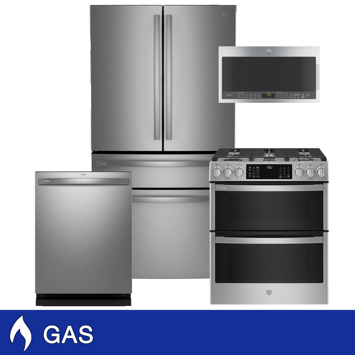 GE Profile 4-Piece GAS Kitchen Package with 28.7 cu. ft. 4-Door French Door Refrigerator