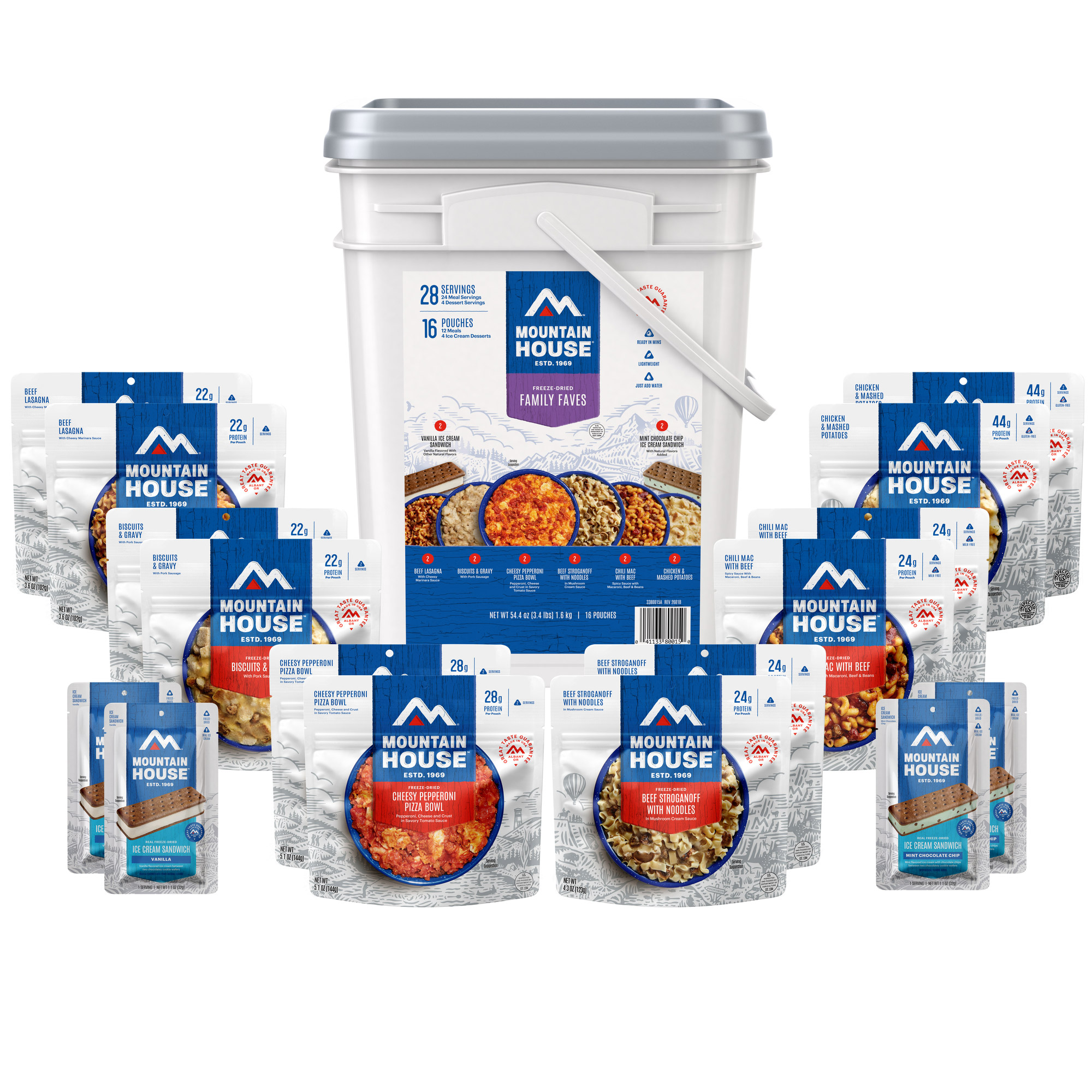 Mountain House Family Faves Emergency Food Bucket, 16 Pouches (28 Total ...