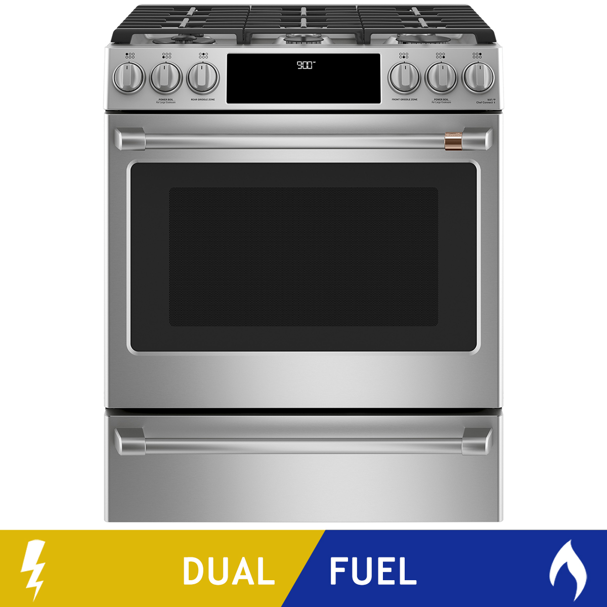 Café 30 in. 5.7 cu ft. Dual Fuel Slide-in Front Control Range with True European Convection