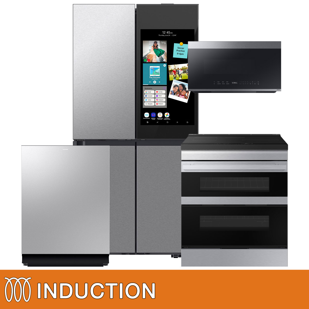Samsung 4-piece INDUCTION Kitchen Package with Counter Depth Bespoke 4-Door Flex Refrigerator with AI Family Hub+ and AI Vision