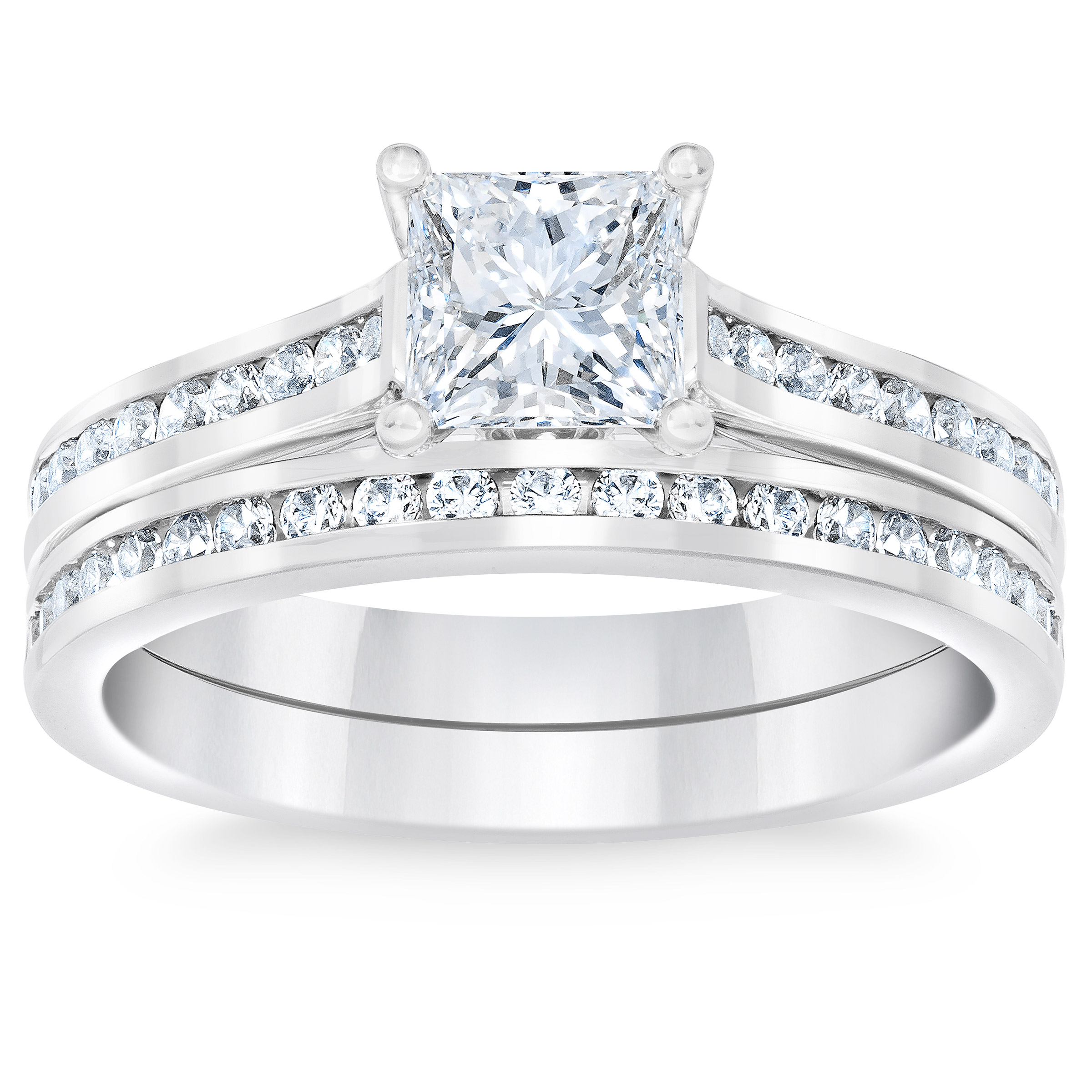 Princess Cut & Round Brilliant 1.25 ctw VS2 Clarity  I Color Diamond Platinum Wedding Ring Set
