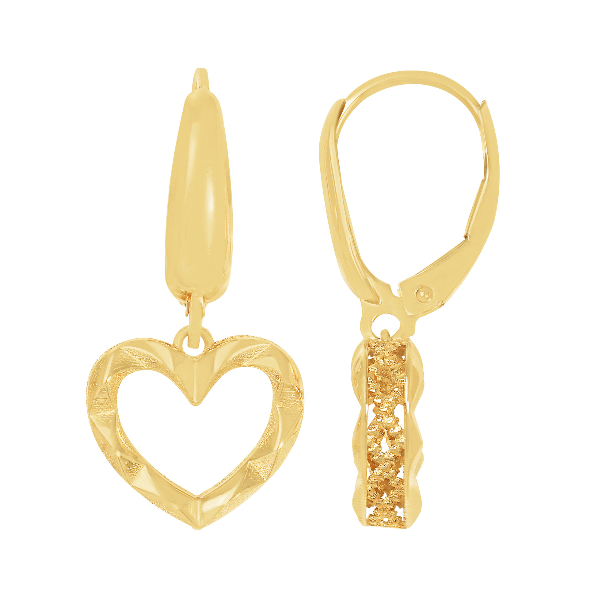 High Polish and Diamond Cut Heart Dangle Earrings in Yellow Gold