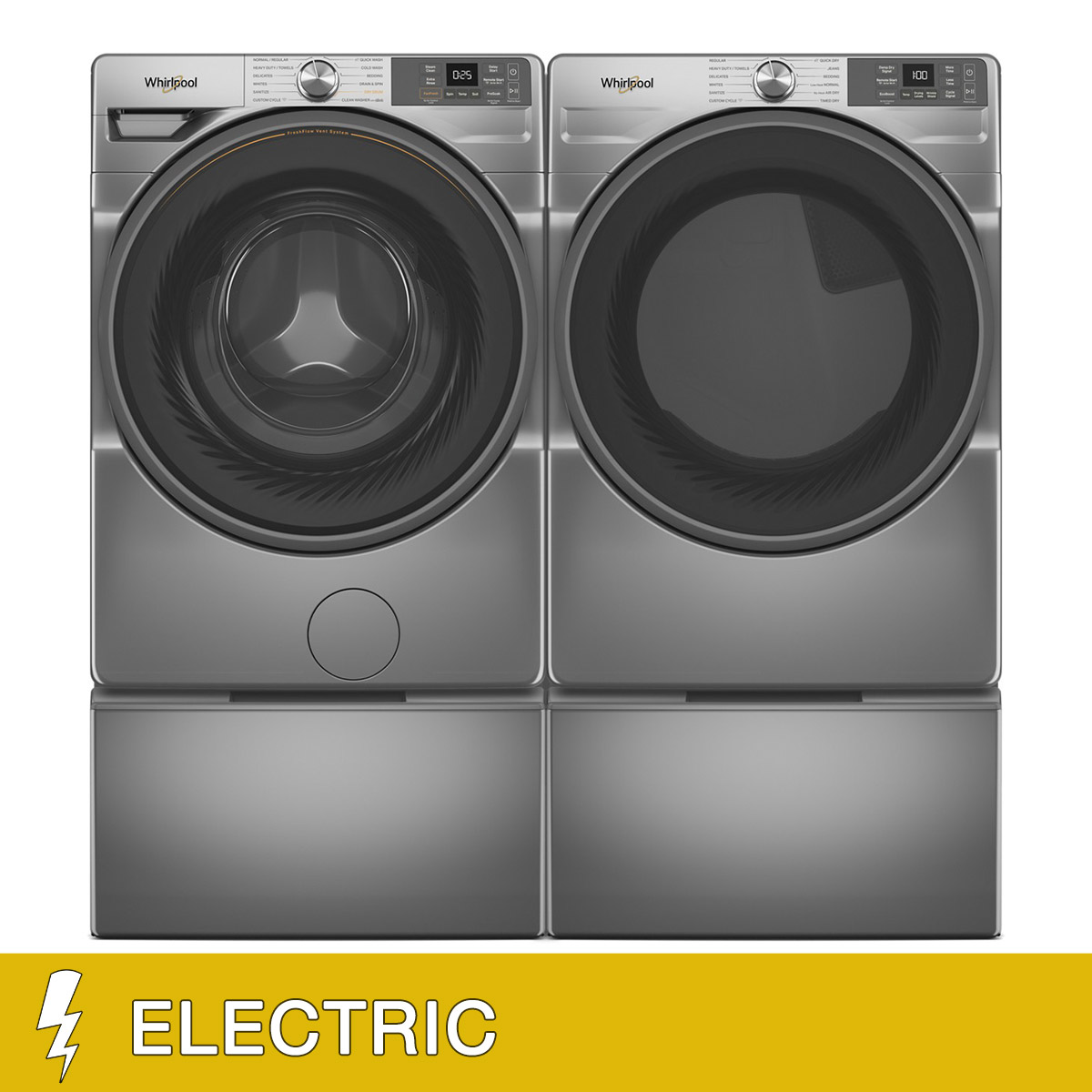 Whirlpool 4.5 cu. ft. Smart Front Load Washer and 7.4 cu. ft. ELECTRIC Dryer with Wrinkle Shield Option with Storage Pedestals